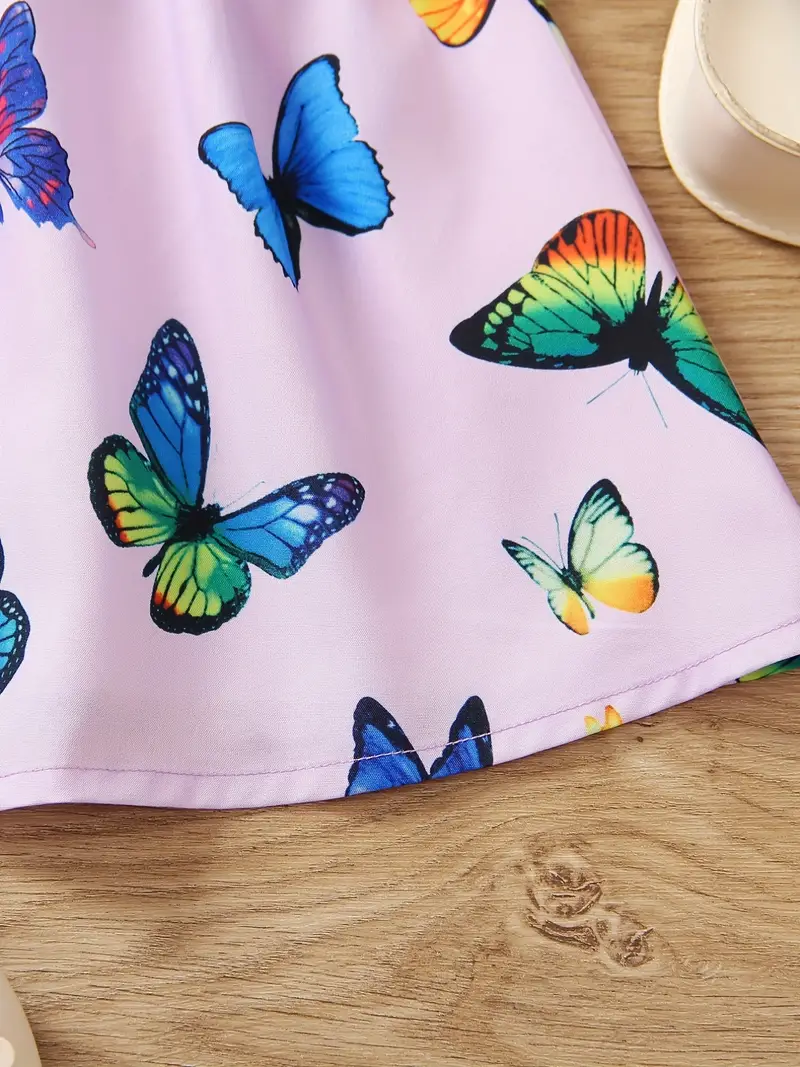 toddler girls puff sleeve frill trim shirred colorful butterfly graphic princess dress for party beach vacation cute romantic kids summer clothes details 3