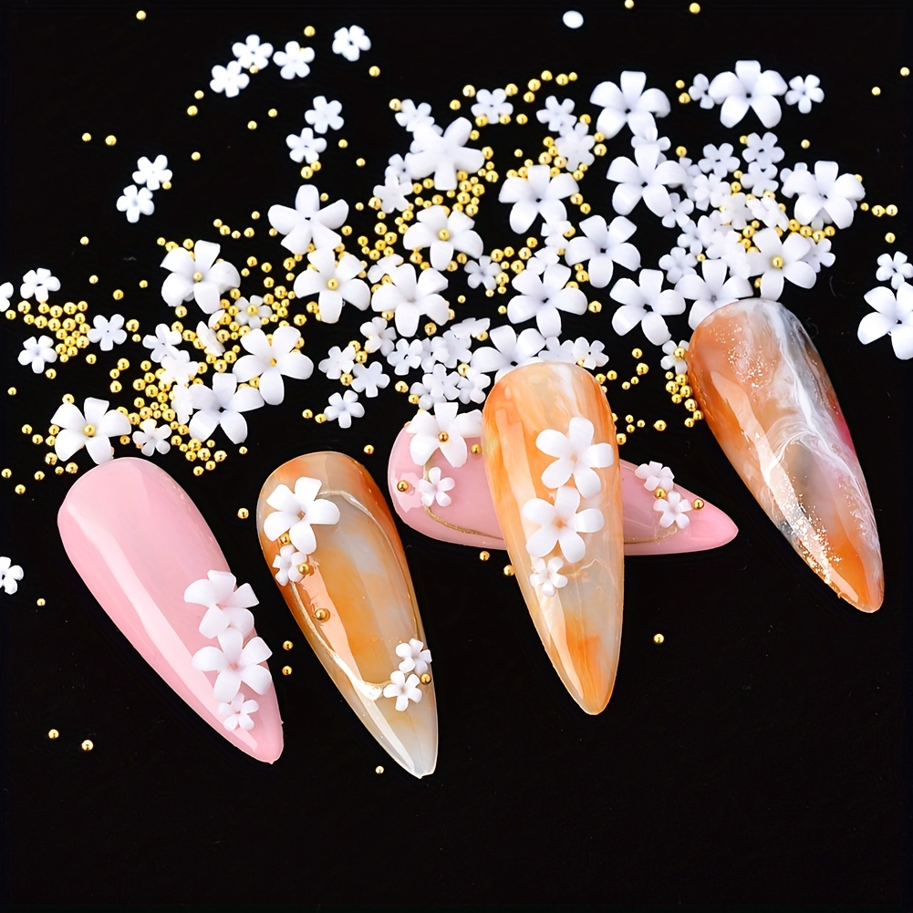 White Pink 3d Acrylic Flower Nail Charms With Pearl Golden Caviar Beads  Nail Art Accessories Nail Designs