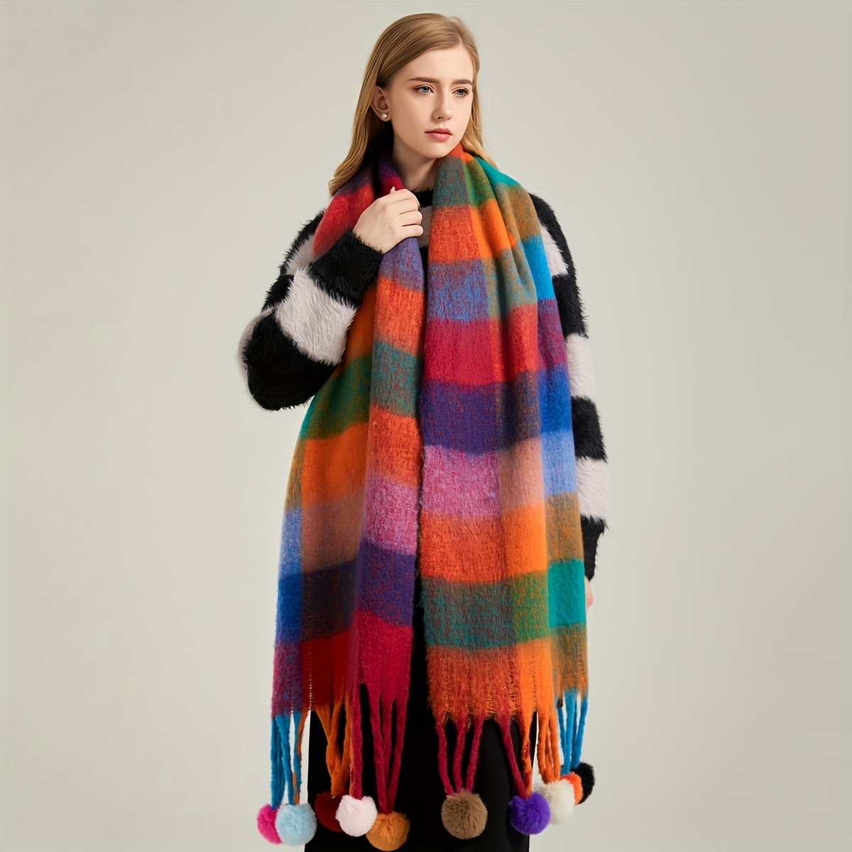 

Color Block Plaid Chunky Scarf Imitation Cashmere Rainbow Faux Fur Ball Tassel Scarf Thickened Coldproof Warm Long Scarf