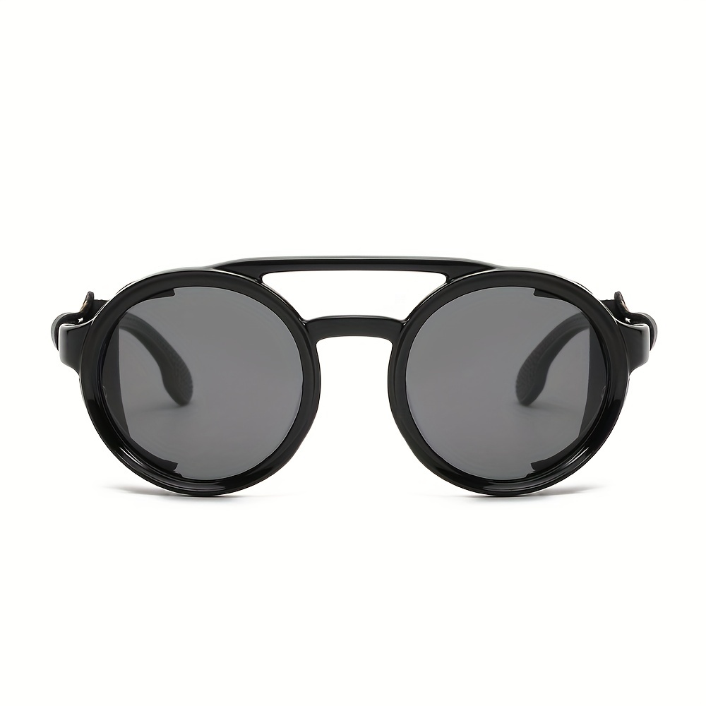 Vintage Steam Punk Style Round Polarized Sunglasses with Leather Side Shield