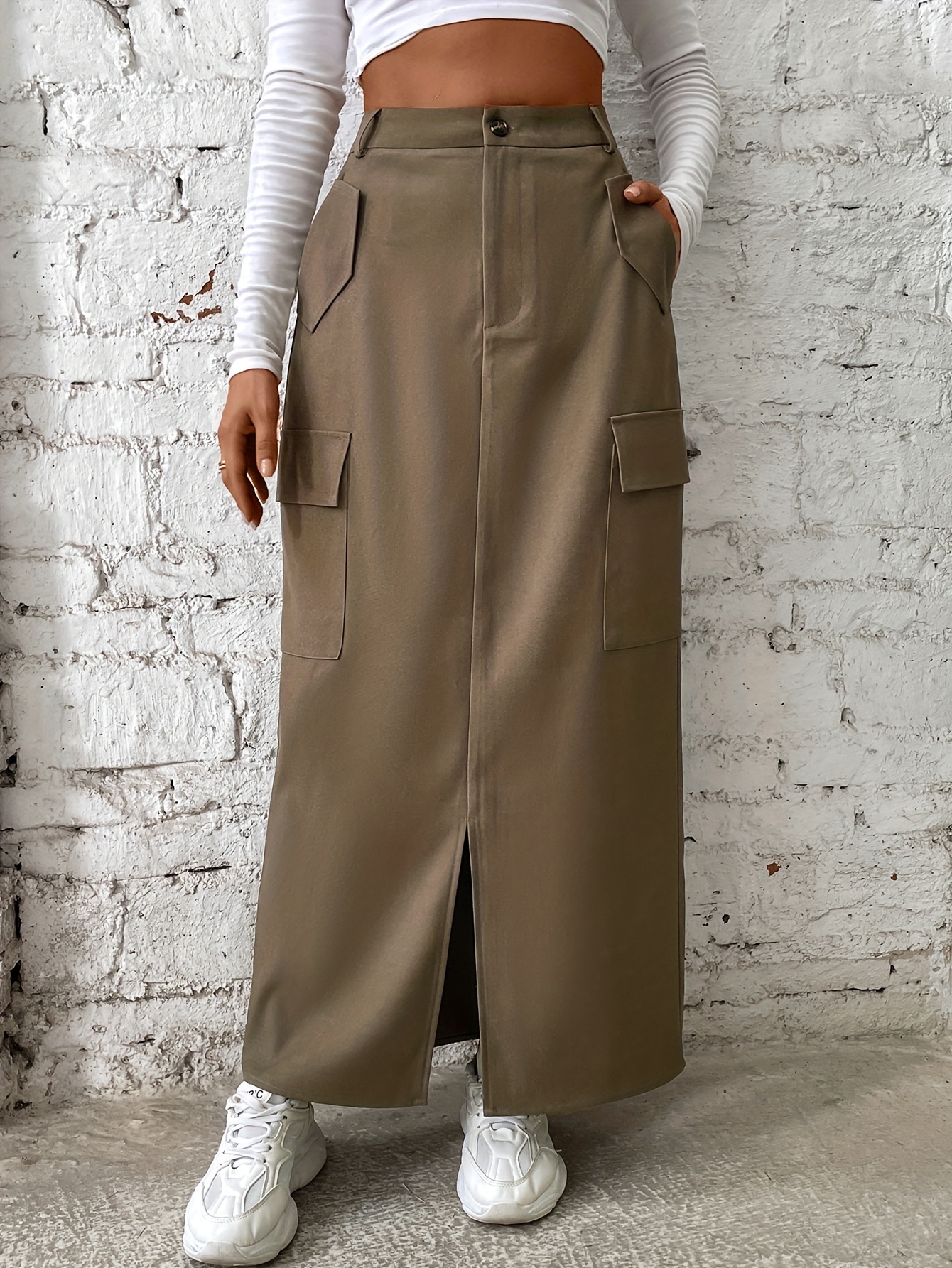 Cargo Skirt Women Casual Zipper Loose High Waist Long Skirt Autumn