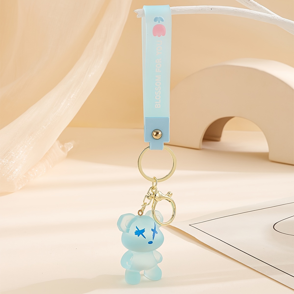 Cartoon Bear Charm Keychain With Cute Wristlet - Trendy Styles