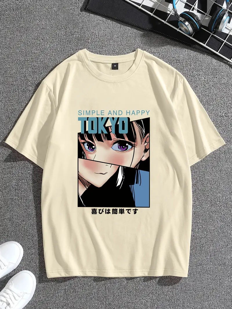 Mens Casual Crew Neck Short Sleeves Anime Character Print T Shirt