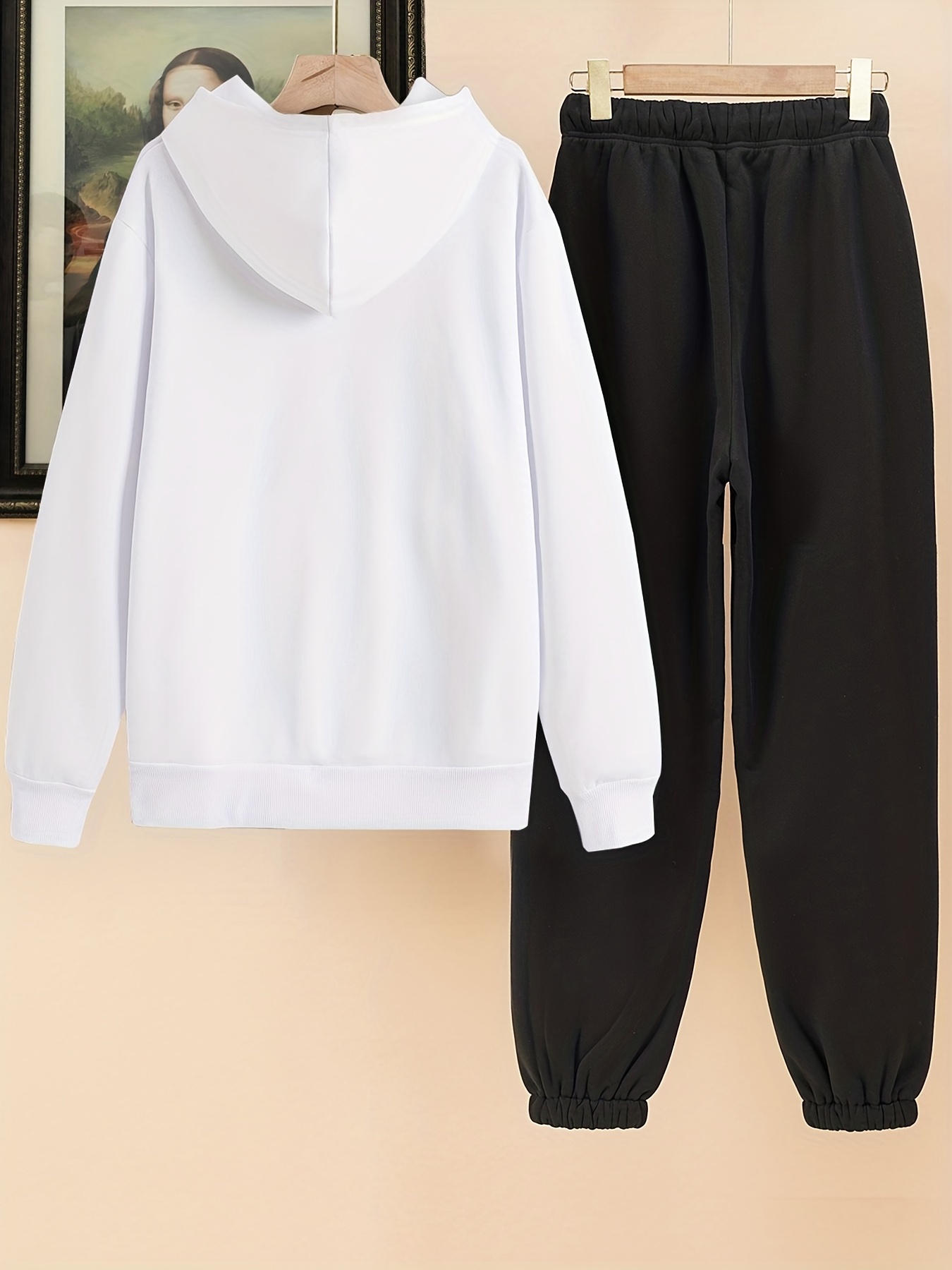 Casual Solid Two-piece Set, Kangaroo Pocket Hoodie & Drawstring Pants Outfits, Women's Clothing,Trousers