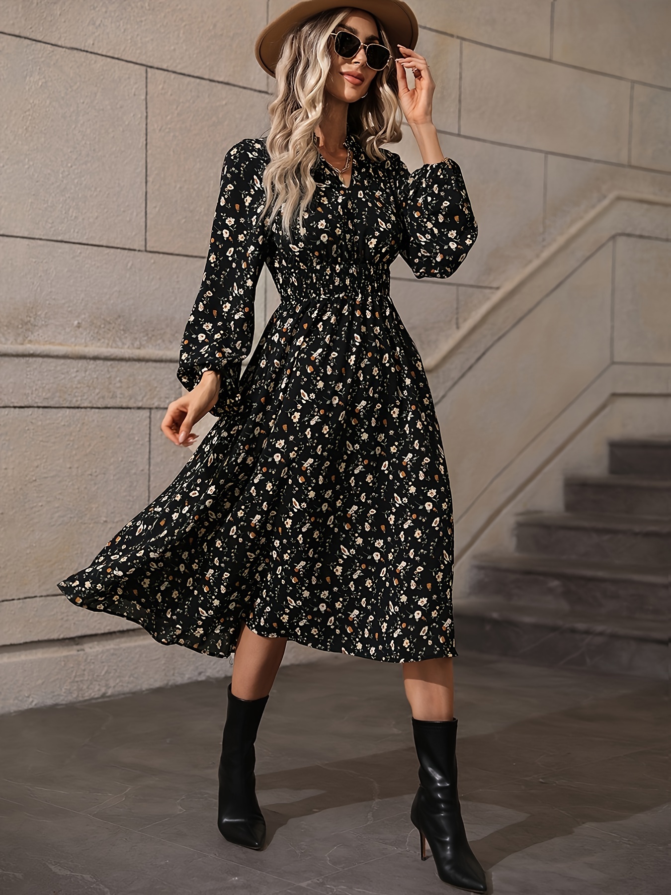 Floral Print Lantern Sleeve Dress Casual V Neck A line Dress - Temu ...