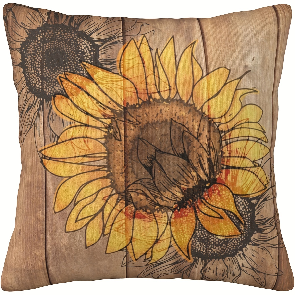 Set of 4 Pillow Covers 18x18, Country Sunflowers Farmhouse Cotton Linen  Fabric, Retro Yellow Flower with