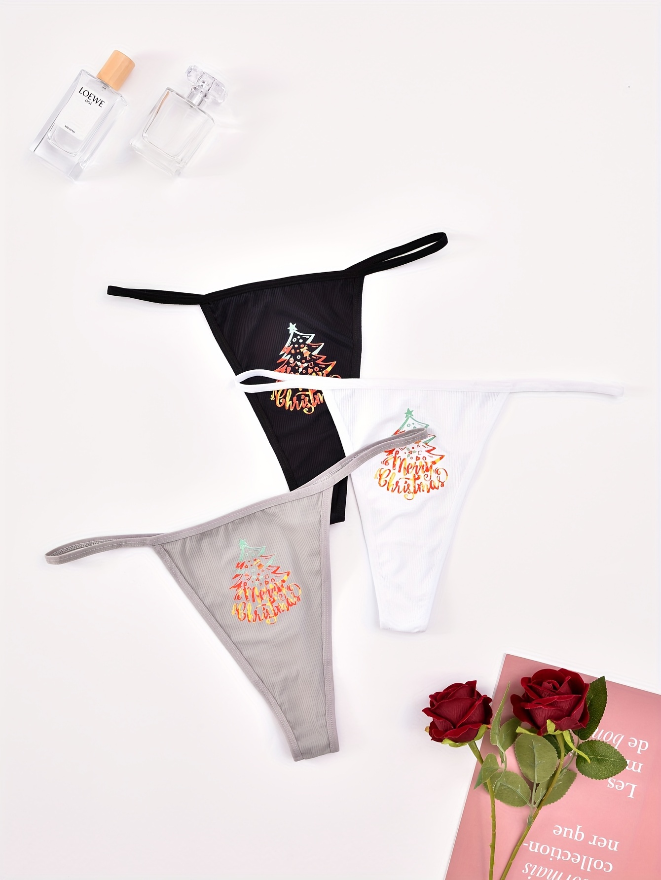 3pcs Women's Christmas * Panties Set, Plus Size Cartoon Elk & Wreath Print  Seamless Thongs