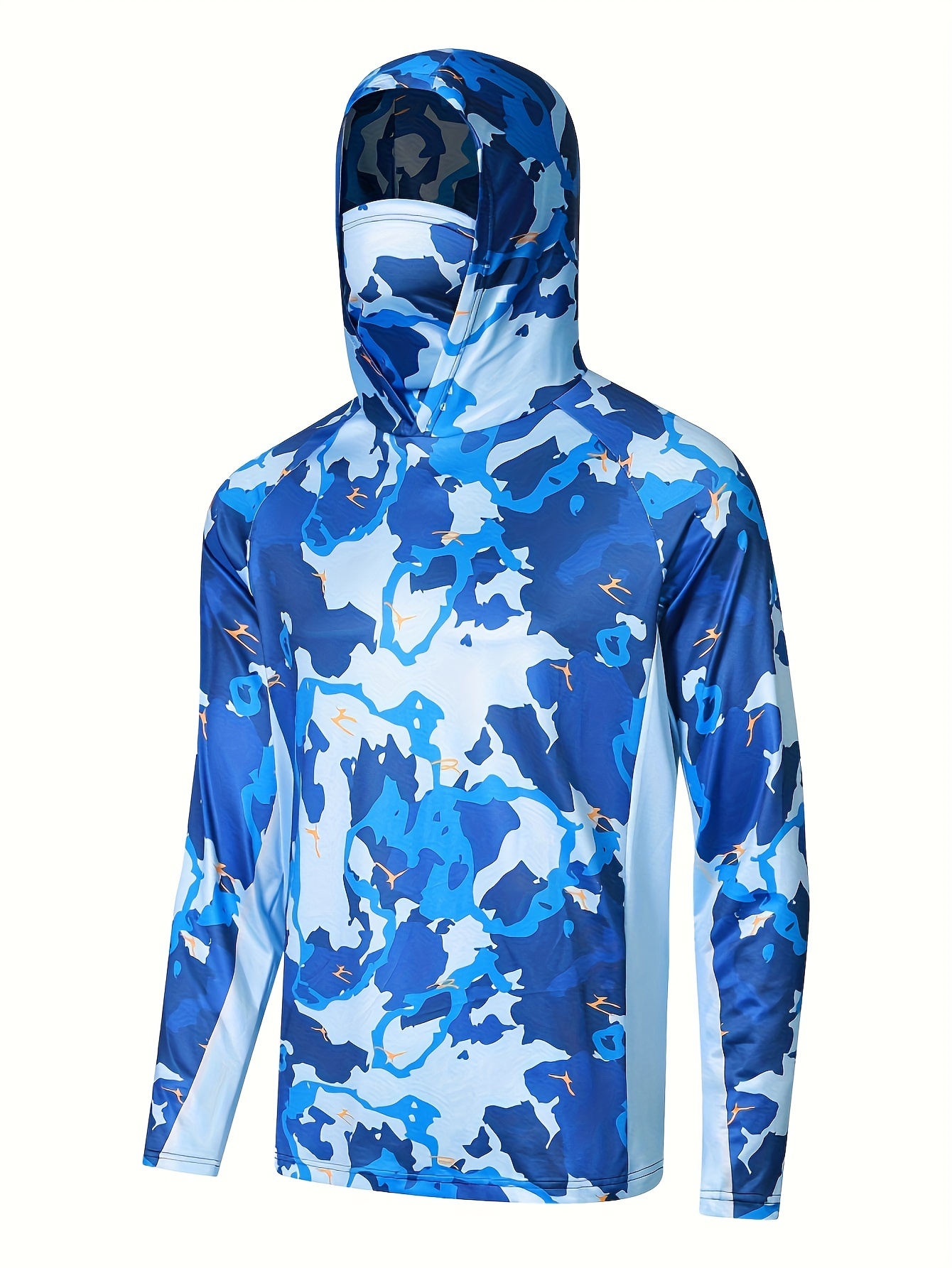 Men's Camouflage Full Body Pattern Long Sleeve Hoodie with Mask, Sun Protection Fishing Shirt Breathable Quick Dry Hooded Fishing Jersey for