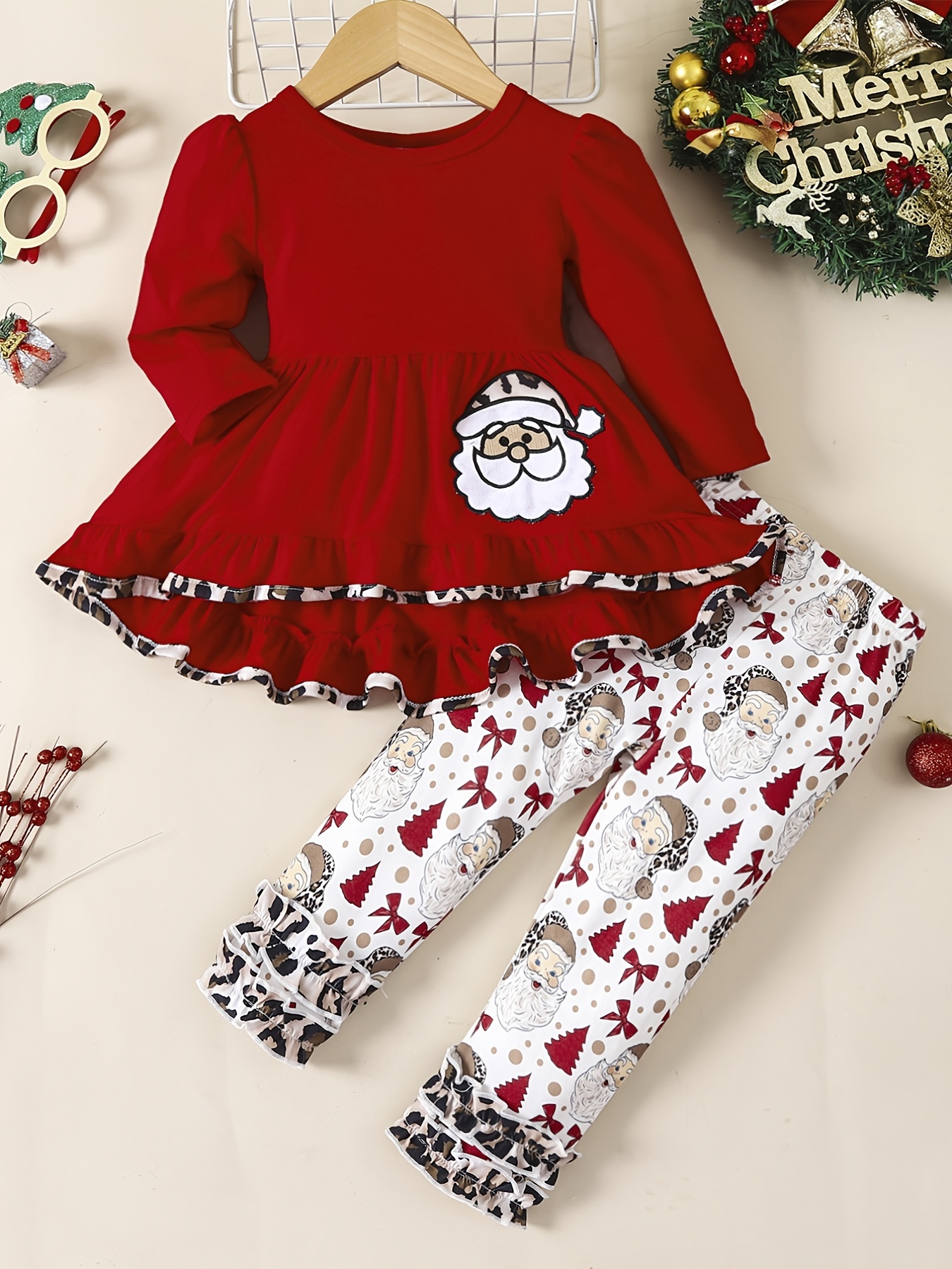 Christmas Girls Santa Embroider Dress Ruffle Pants Suits - Temu