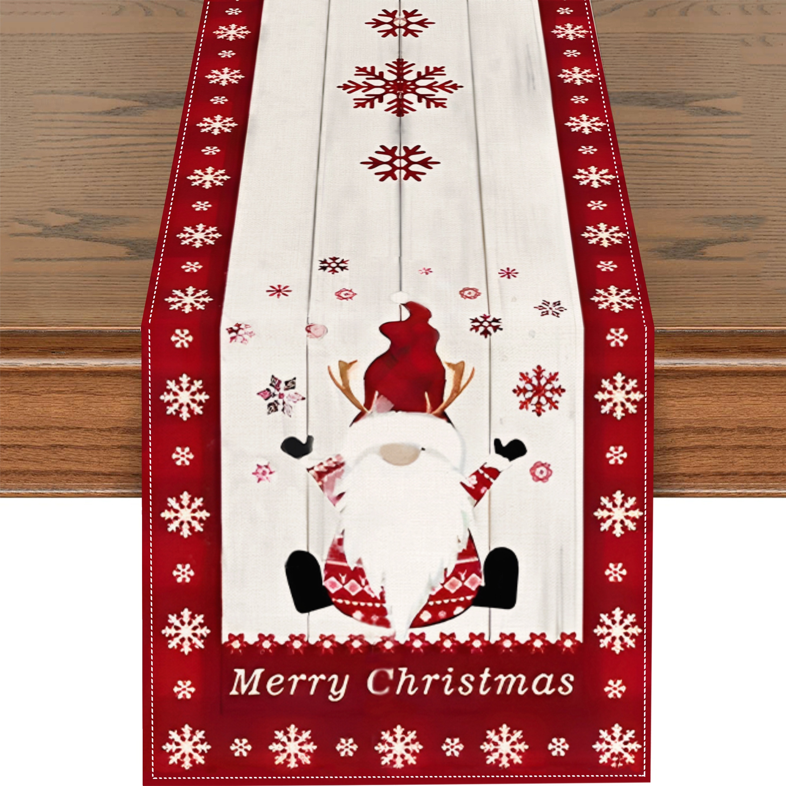 

1pc, Linen Table Runner, Christmas Theme Table Runner, Gnome Snowflake Pattern Table Runner, Seasonal Winter Xmas Holiday Kitchen Dining Table Decoration, For Indoor Outdoor Home Party Decor