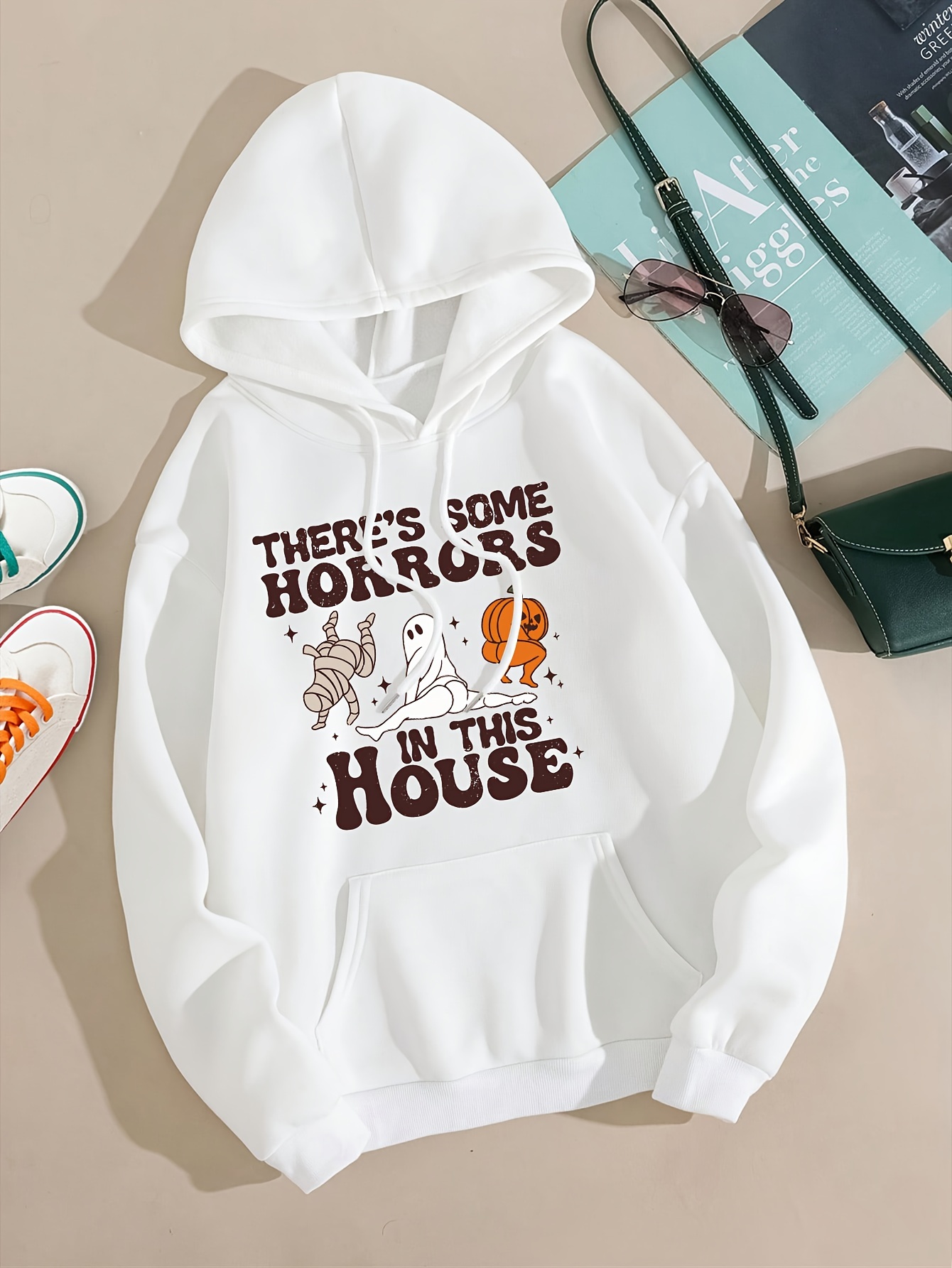 Halloween theme letter hot sale print drawstring hoodie