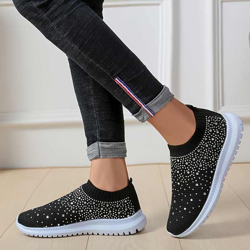BELOS Women's Rhinestone Mesh Slip On Walking Shoes Fashion Breathable  Spakle Glitter Sneaker