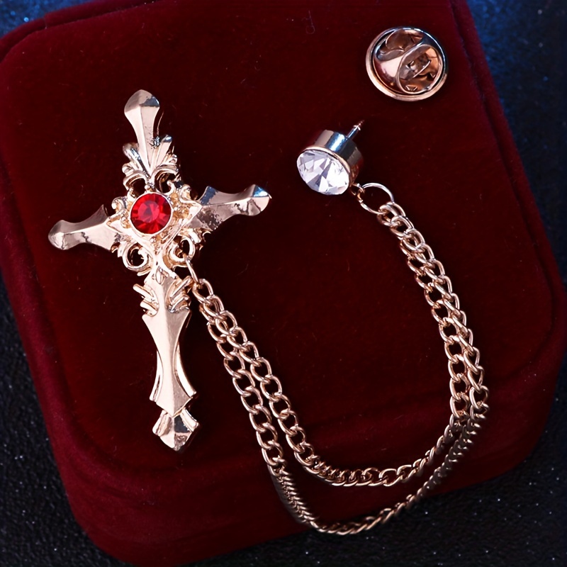 Image of Men's Vintage Cross Brooch - Business Suit Collar Accessory With Chain & Tassel Fringe For Weddings, Banquets, Formal Evening Wear - Emcee Badge