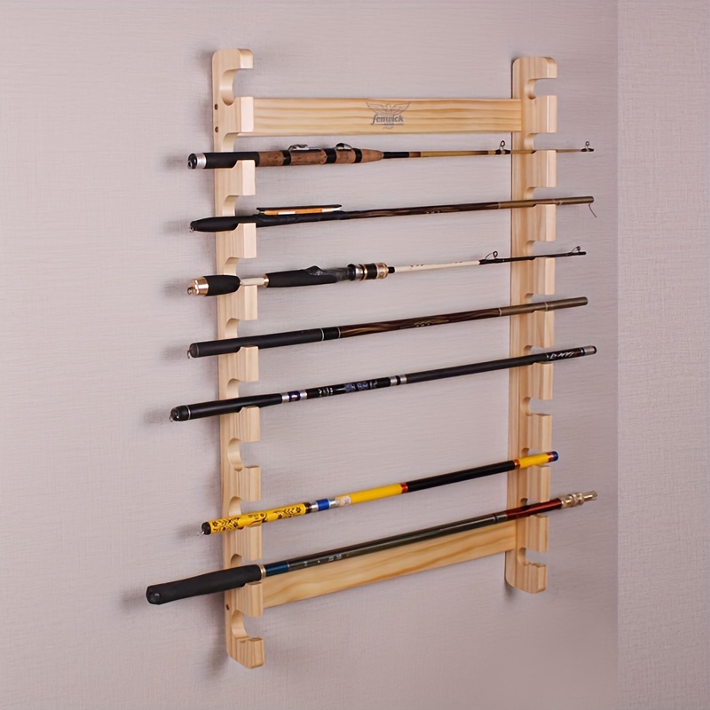 1pc Solid Wood Fishing Rod Storage Rack, Wall-mounted Fishing Pole Display  Holder For 10 Rods, Fishing Gear Supplies
