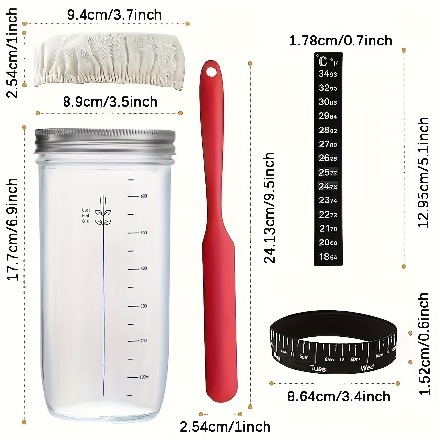 8 Pcs Sourdough Starter Jar Kit 730ml Container with Thermometer Label  Spatula Brush Marker Band for Storing Canned Food Caviar