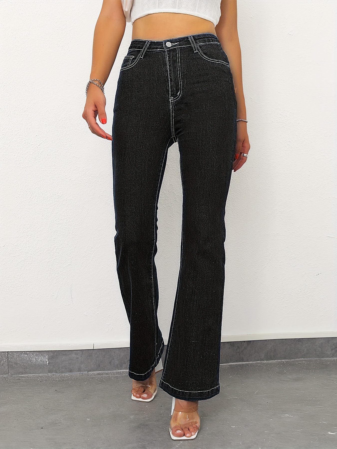 Embroidery High Stretch Flared Leg Jeans Plain Flap Pockets - Temu Canada