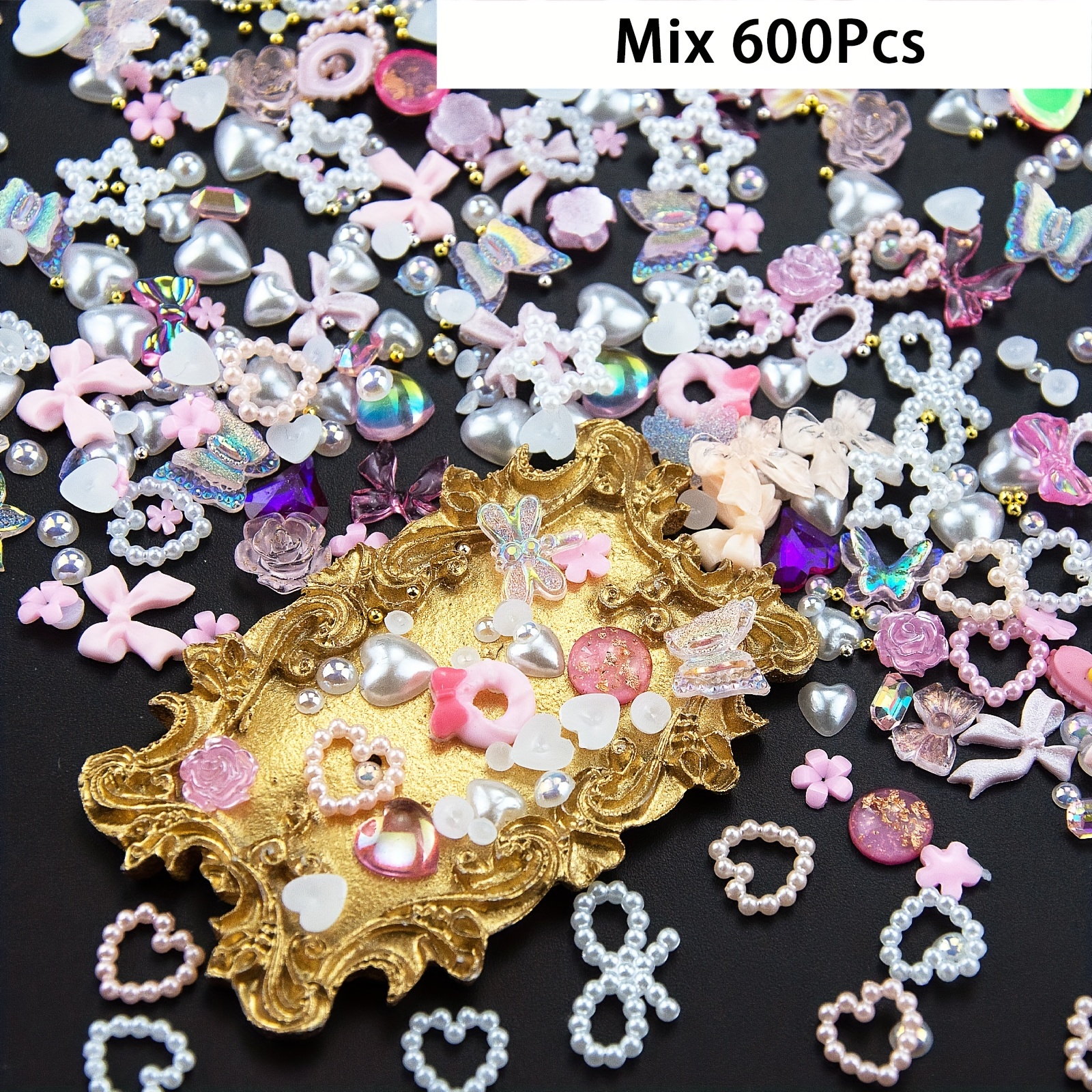 500 Stück Rosa 3D-Nagelperlen-Mix Für Maniküre – Herzen, Blumen, Schleifen & Weiße Perlen Für DIY-Nageldesign