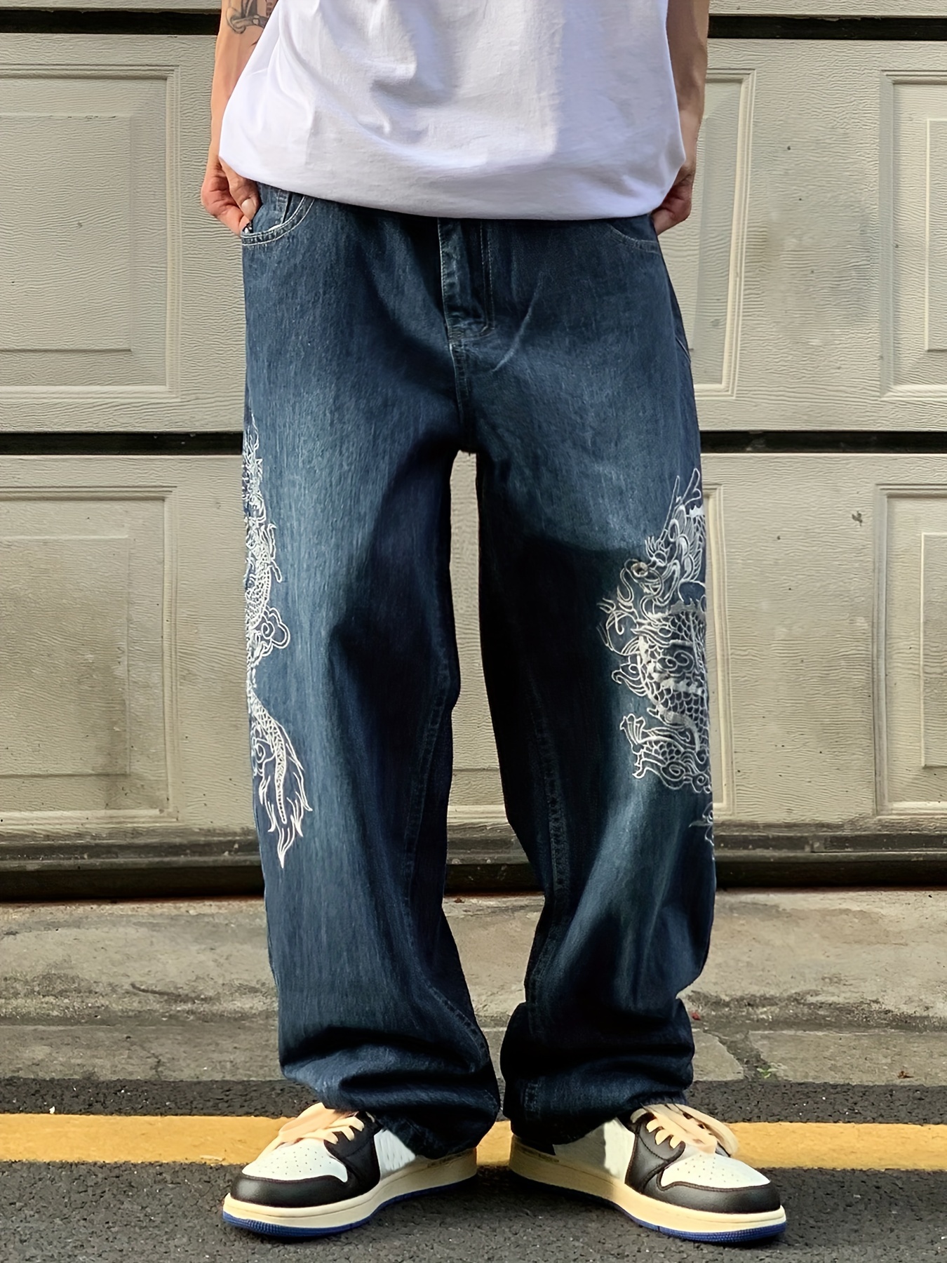Dragon Embroidery Baggy Jeans Men's Casual Street Style Wide