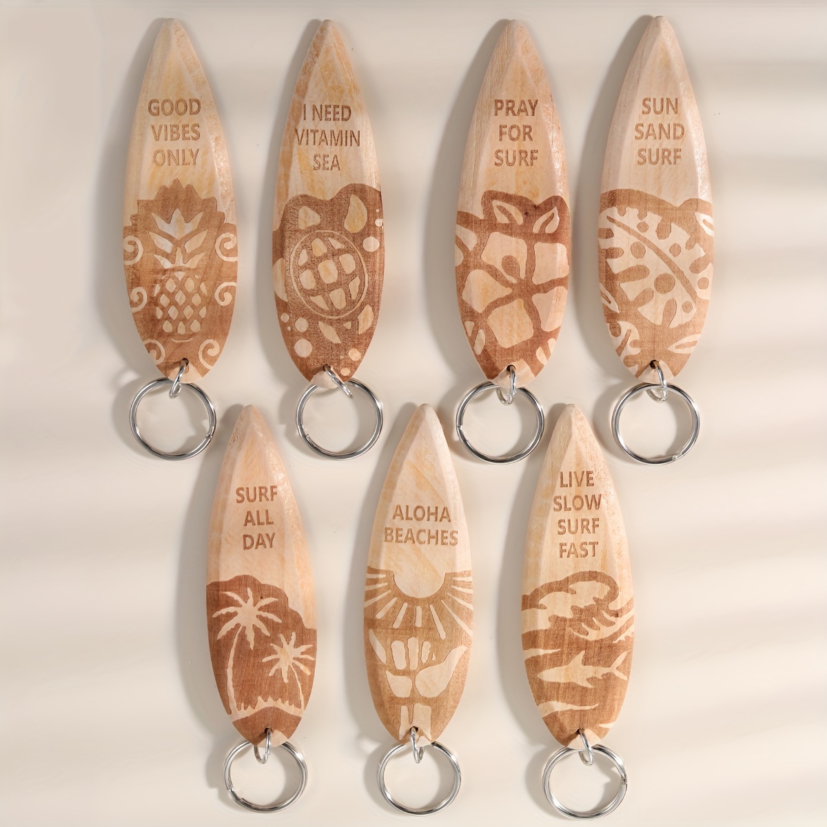 7pcs A Set Wooden Surfboard Keychains Fun Key Chains Beach Party Favor Purse Backpack Keychain Mini Surfboard Pendant