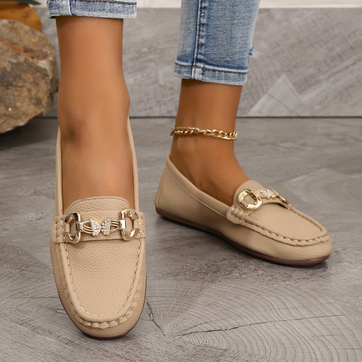 Women's Metallic Buckle Decor Loafers, Round Toe Soft Sole Slip On Flats,  Comfy Low Top Flat Shoes - Temu