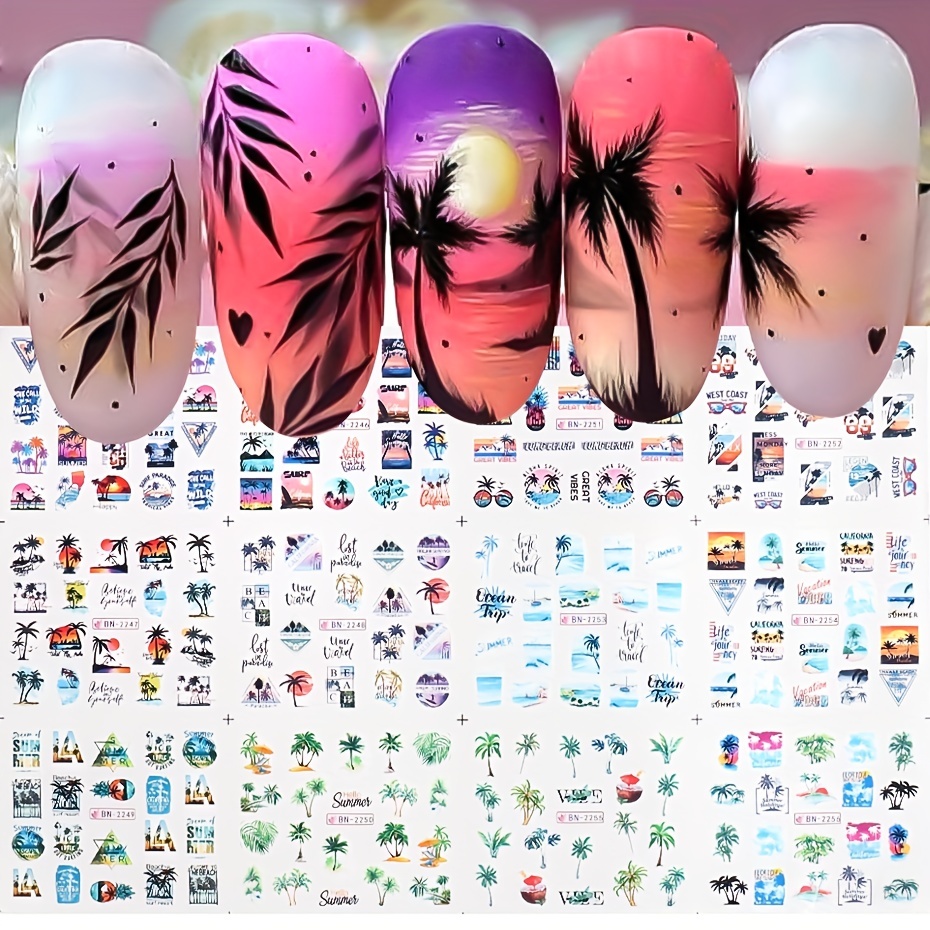 

Palm Coconut Tree Summer Theme Nail Water Transfer Stickers Leaf Sea Sunset Tropical Style Water Transfer Decals Holiday Manicure Tattoos