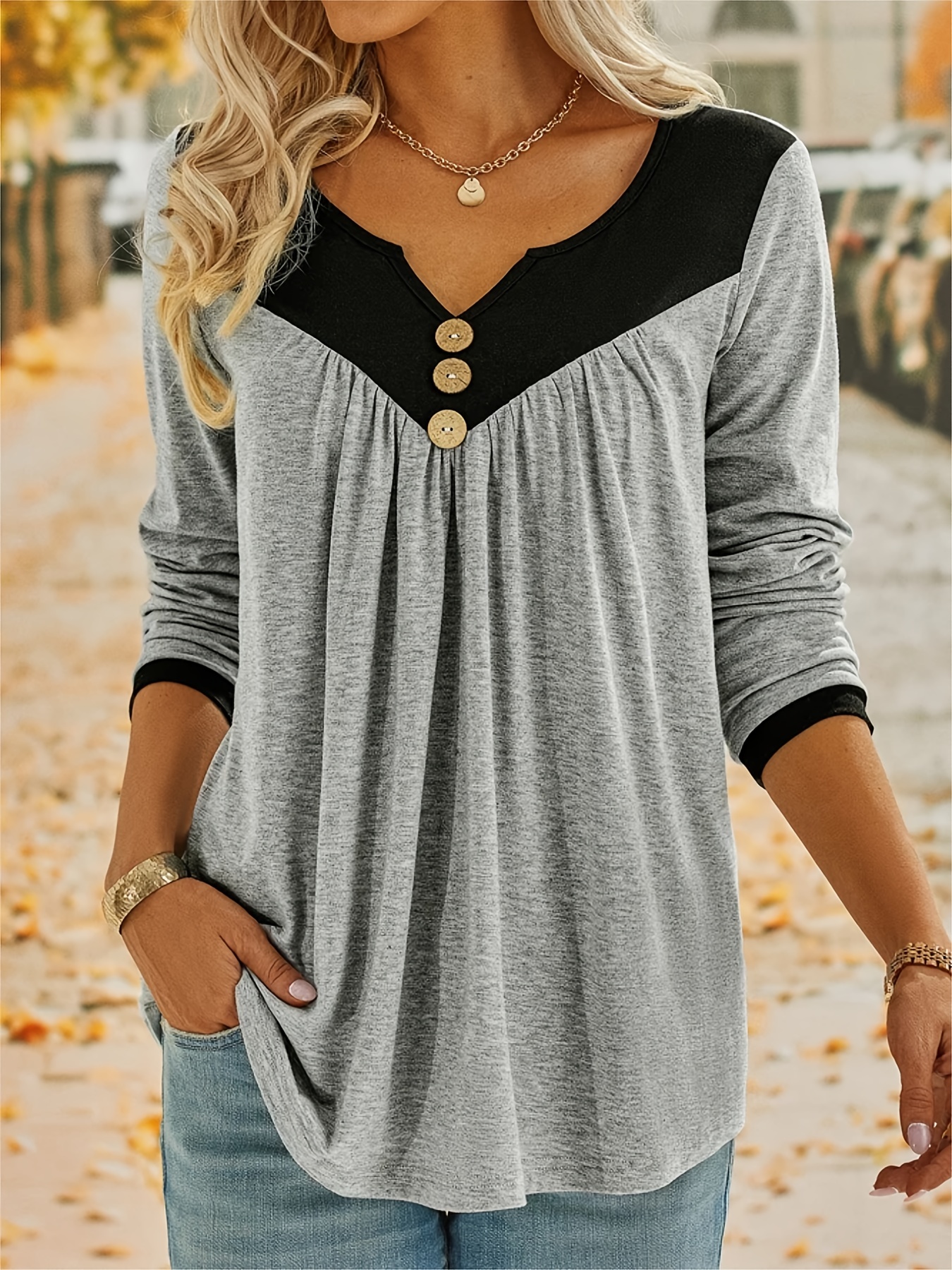 Women's Color Block V neck Long Sleeve Tops Casual Daily - Temu Canada