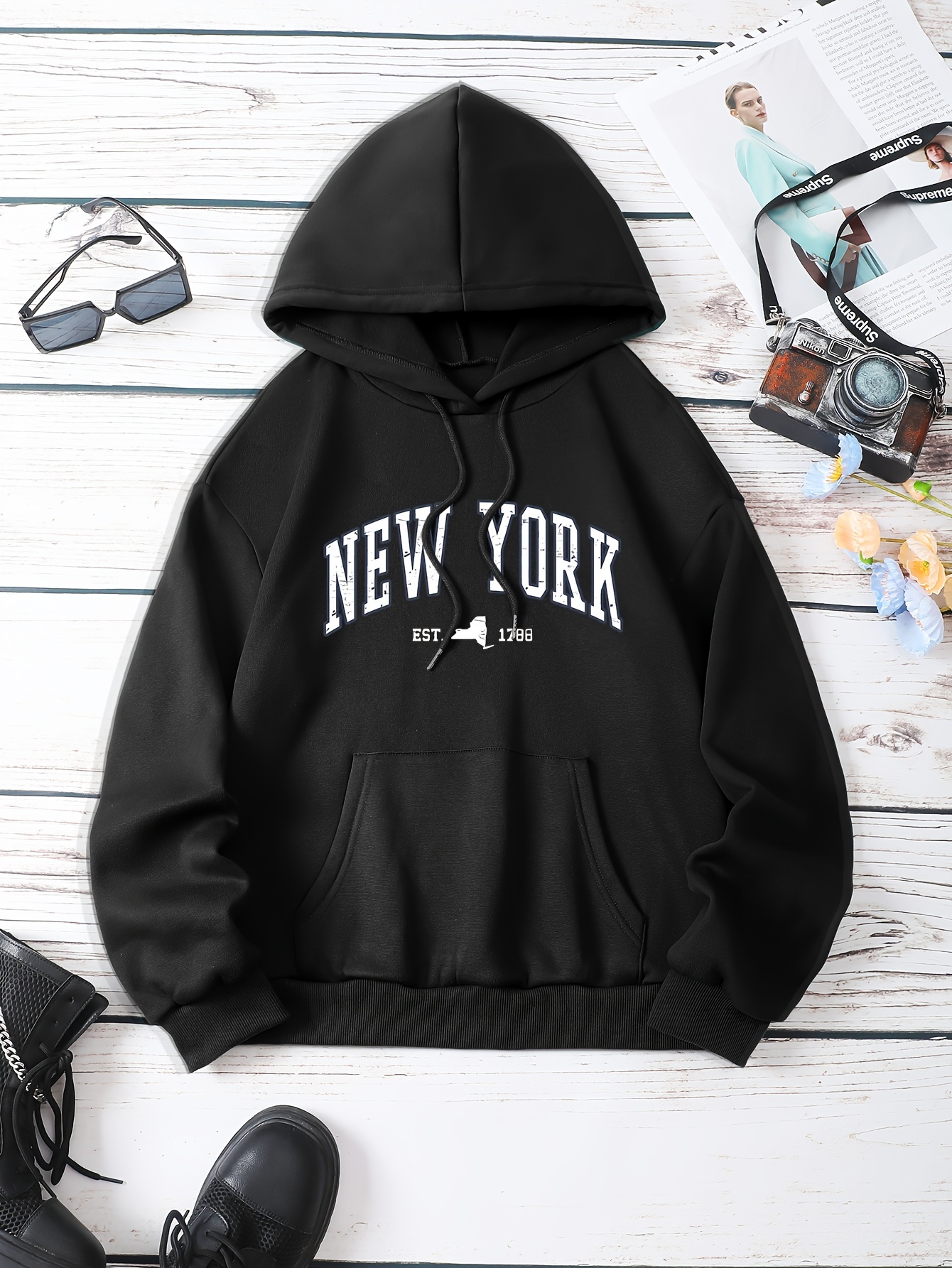 New York Letter Print Kangaroo Pocket Hoodie Casual Long - Temu