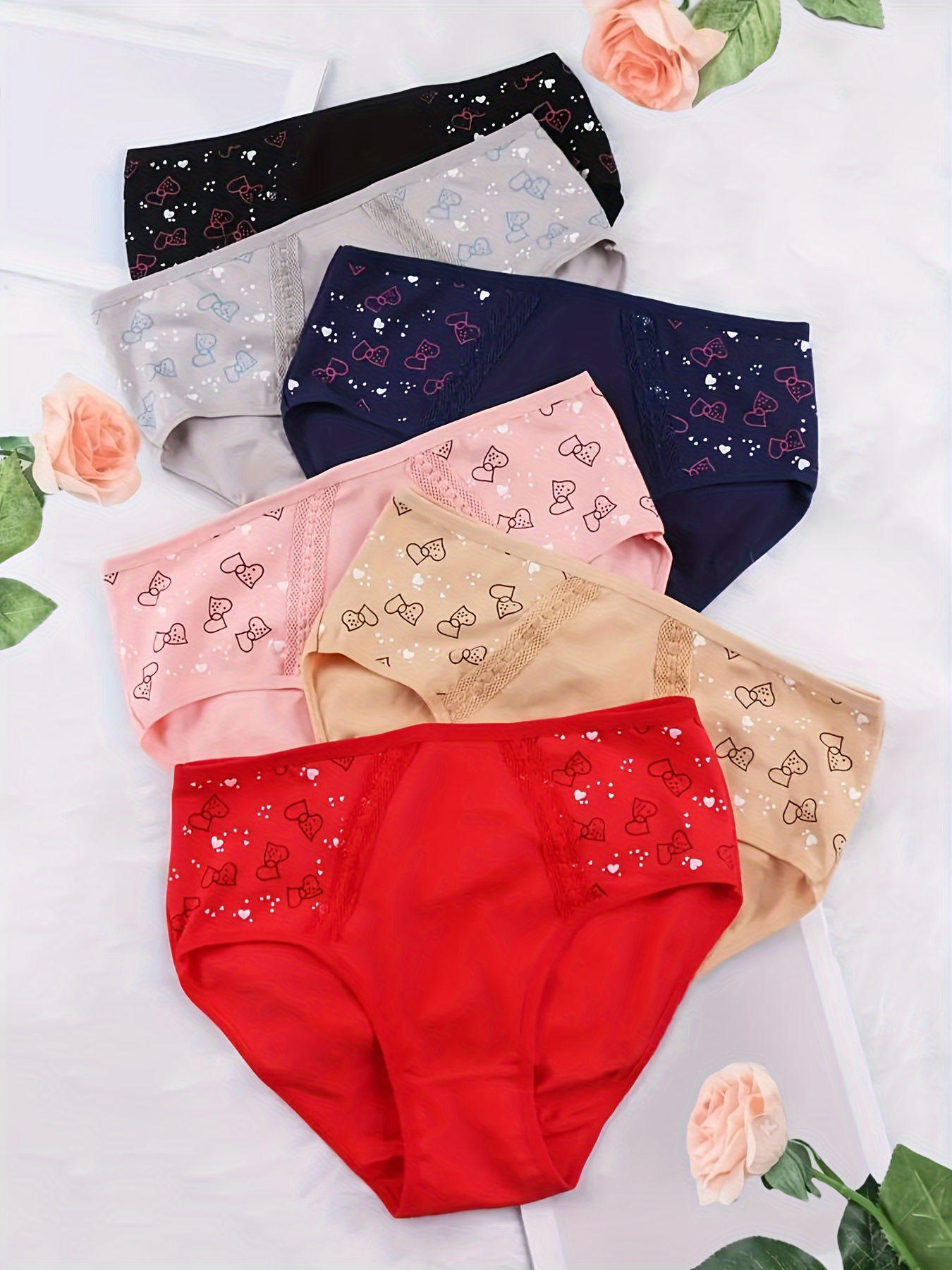 Contrast Lace Heart Print Briefs, Comfy & Breathable Low Waist Stretchy  Panties, Women's Lingerie & Underwear