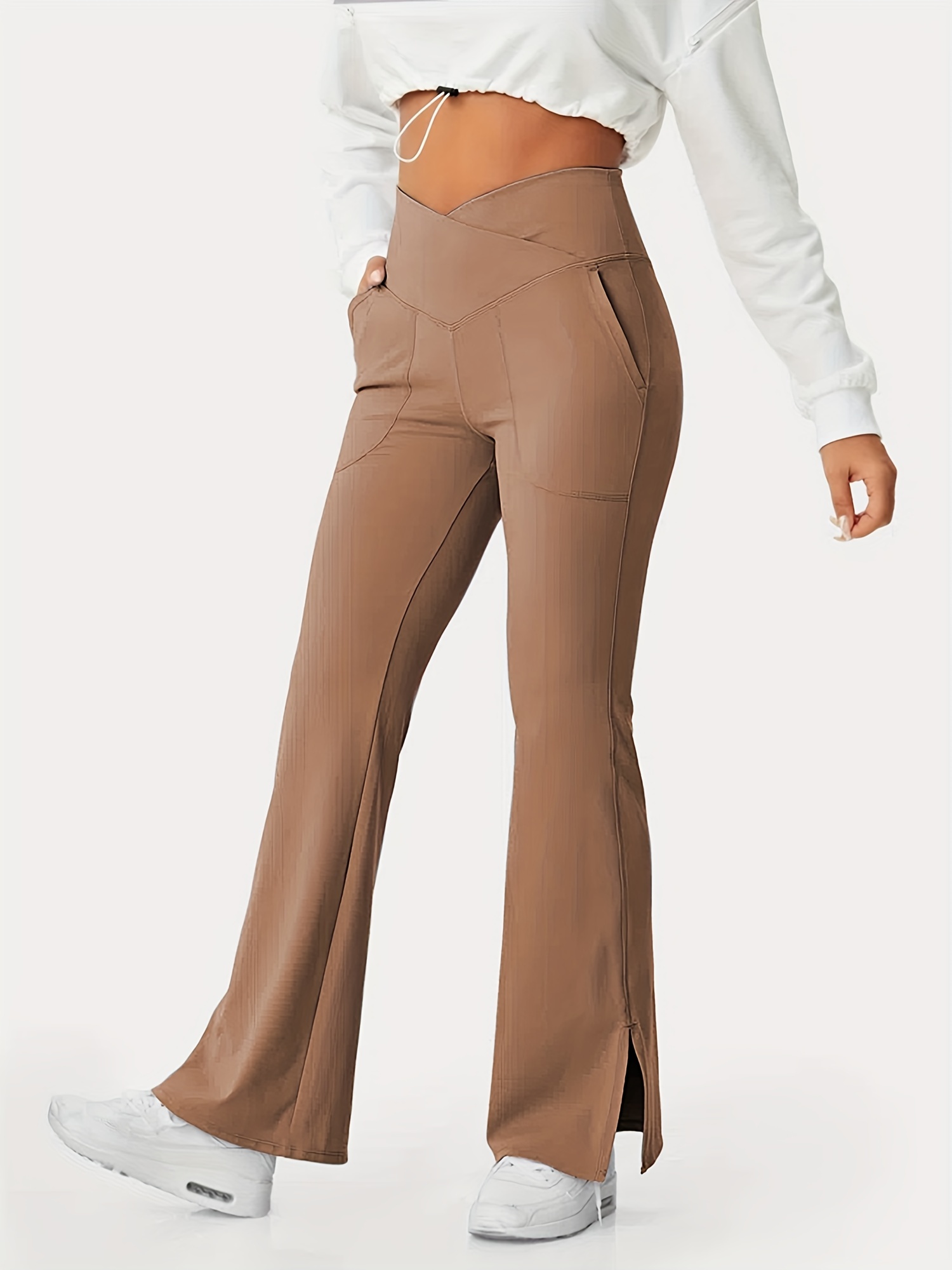 CAICJ98 Pants for Women Women's High Waist Slit Hem Pants Plain Flare Leg Yoga  Pants Brown,L 