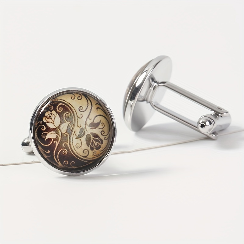 Round Engraved Rose Pattern Cufflinks for Women and Men