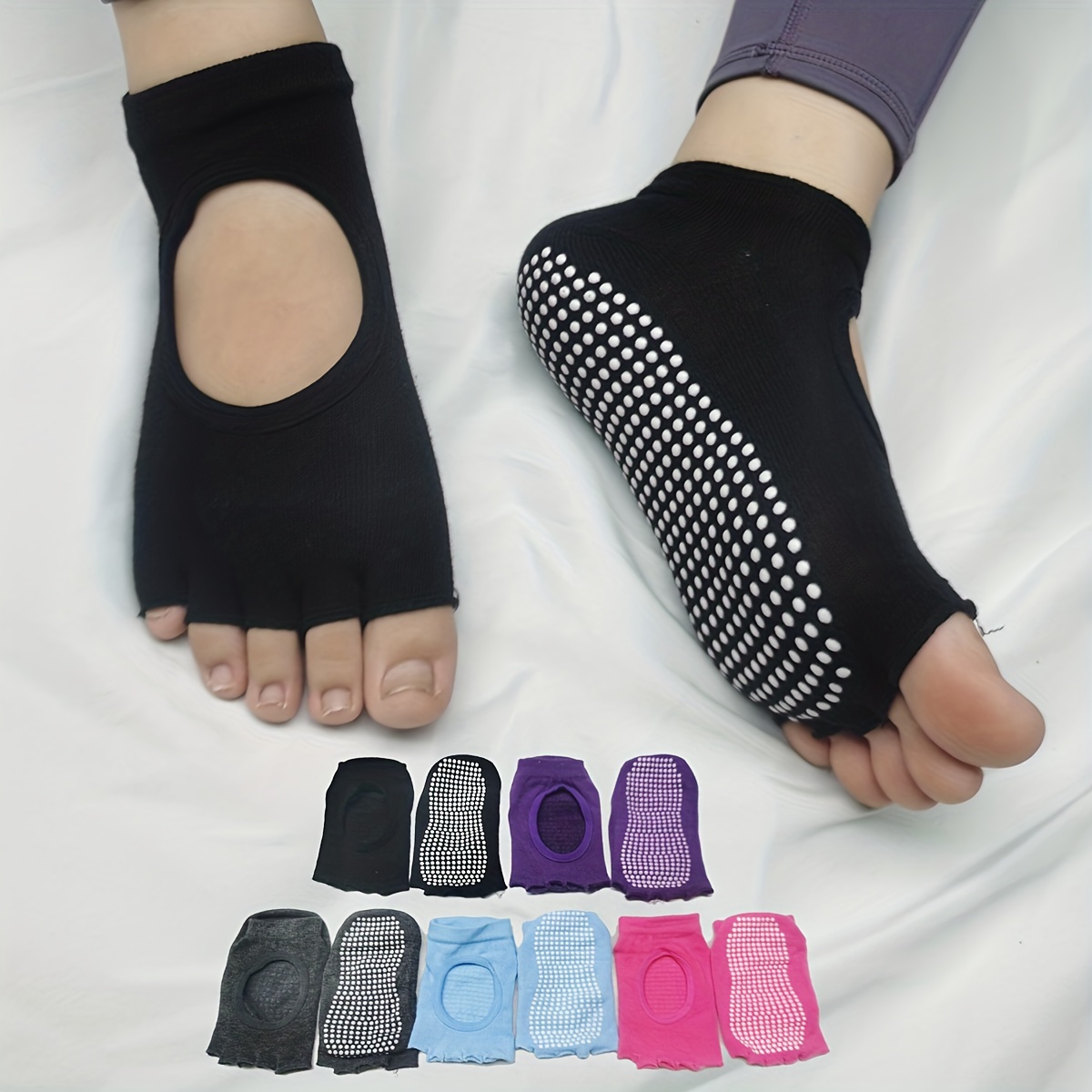 4 Pairs Toeless Yoga Socks Non-Slip Grips for Pilates Ballet Dance