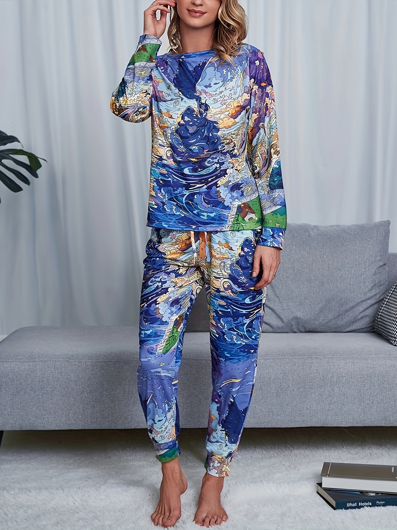 Tie Dye Print Lounge Set Long Sleeve Top & Pants Women's Loungewear
