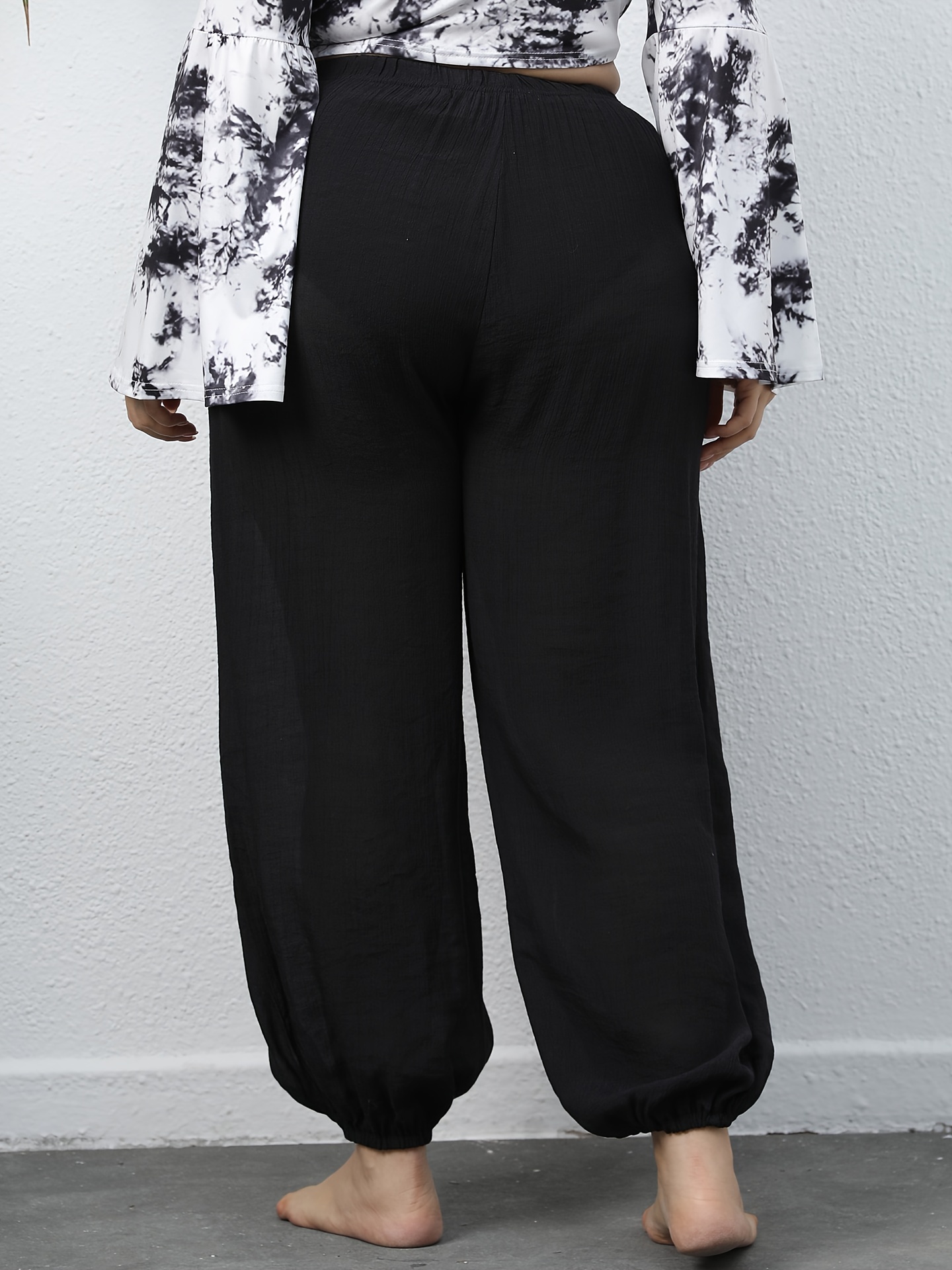 Plus Size Boho Pants, Women's Plus Solid Drawstring Split Hem High Stretch  Straight Leg Pants