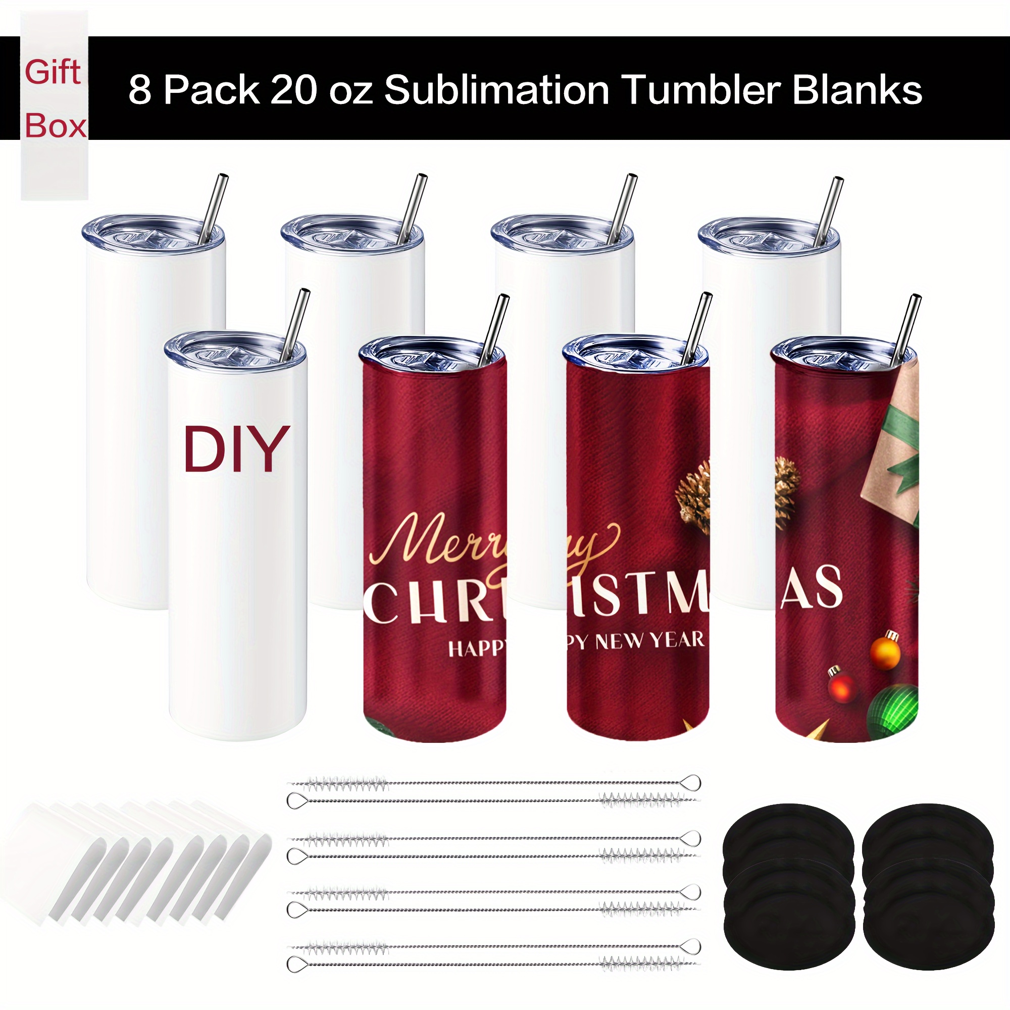Sublimation Tumblers Bulk 20 oz Skinny Stainless Steel Double Wall Insulated Straight Sublimation Cups 16 Pack Blanks White Tumbler with Lid,Straw