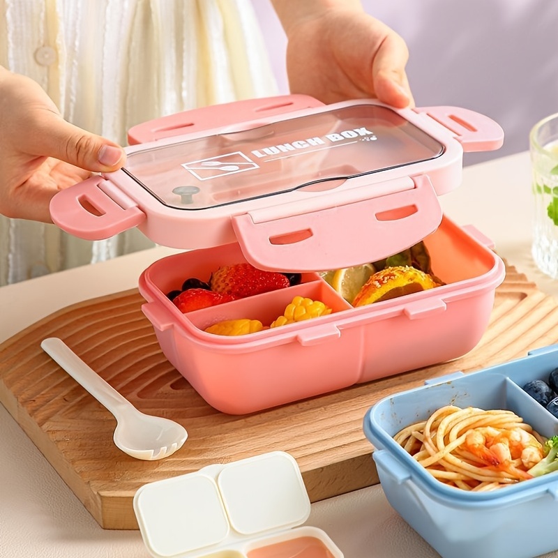 Large Capacity Lunch Box With Tableware and Grids Double Snap Rectangle Divided