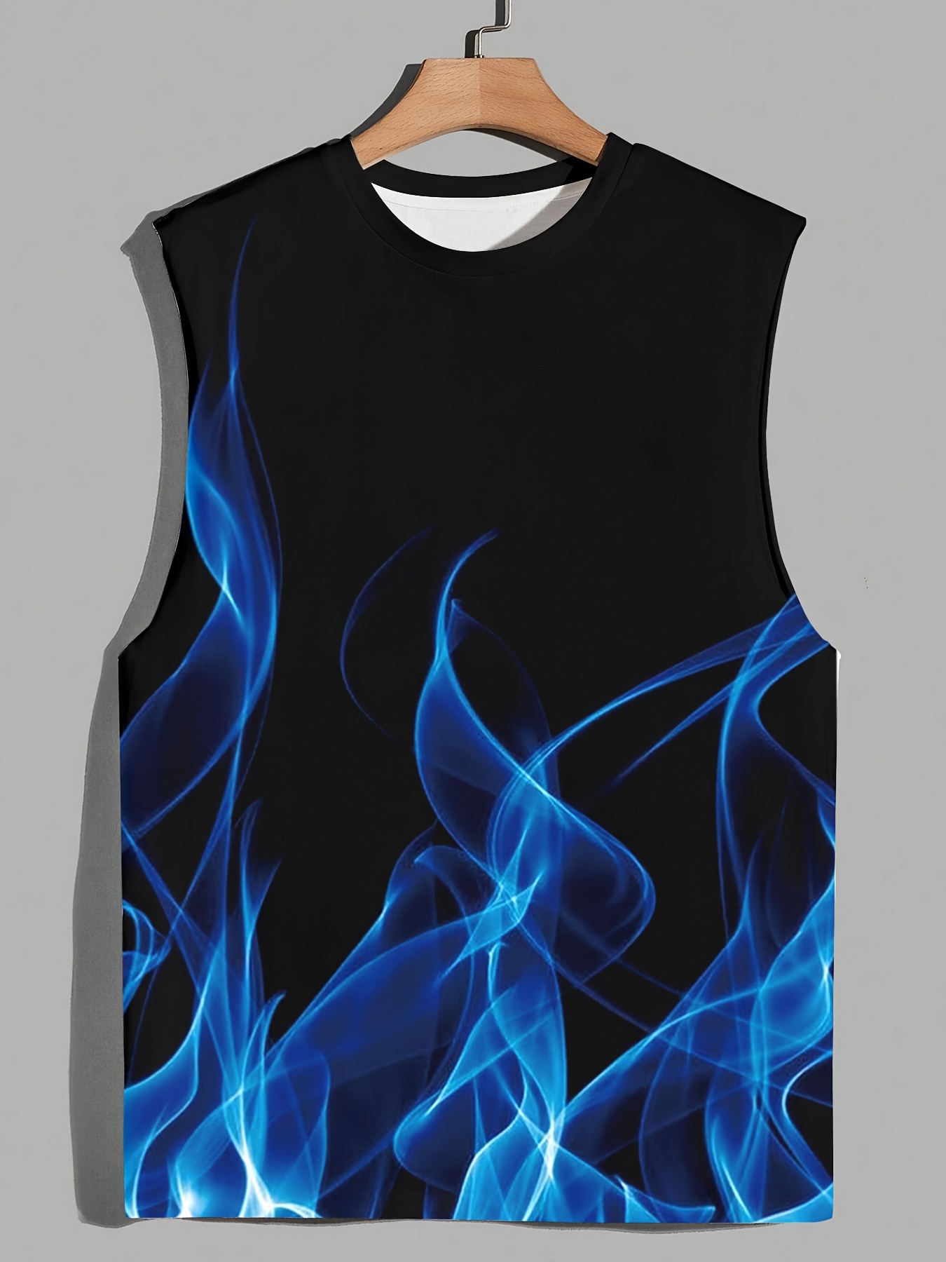 flame print comfy breathable tank top mens casual stretch sleeveless t shirt for summer gym workout training basketball blue 0