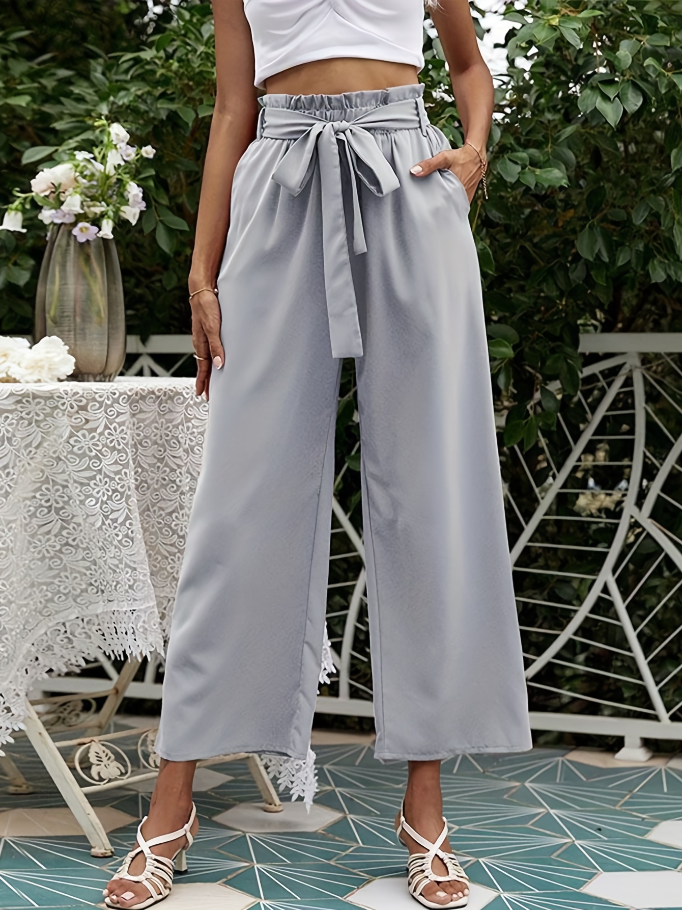 Summer Pants Women's Solid Pleated High Waist Smocked Lounge Trousers  Casual Loose Wide Leg Palazzo Pants