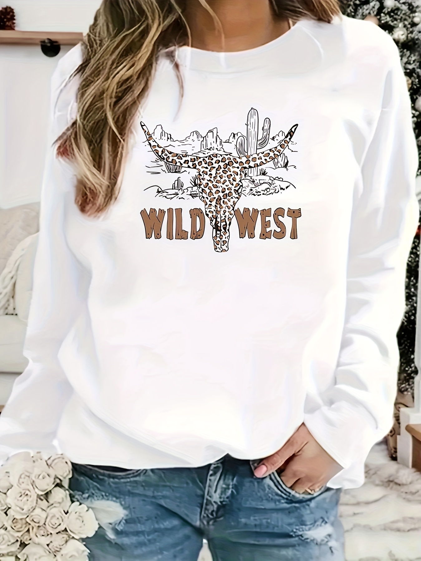 Cow Skull & Cowboy Print Pullover Sweatshirt, Casual Long Sleeve Crew Neck  Sweatshirt, Women's Clothing - Temu