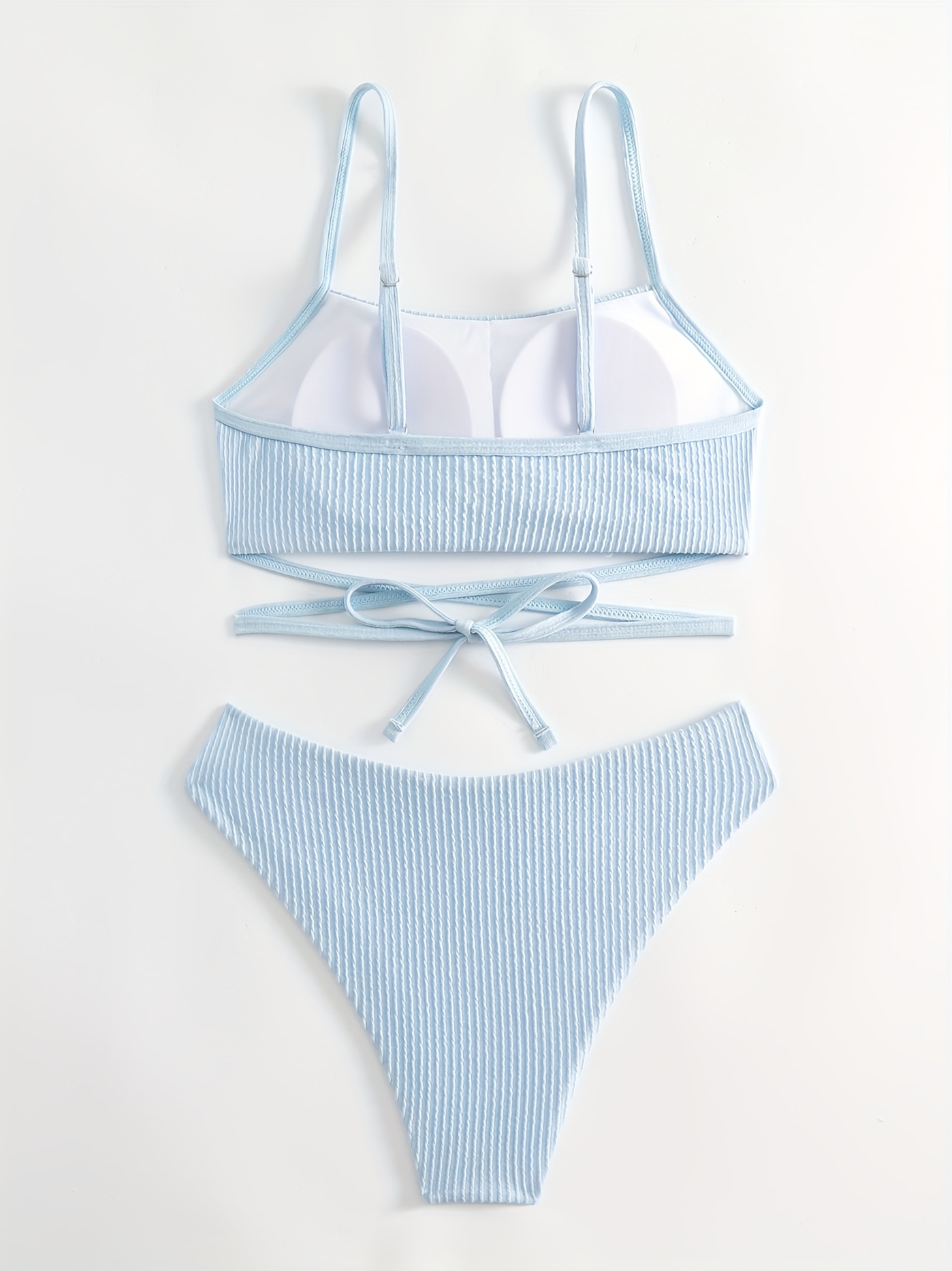 Strip Ruched Texture Criss Cross Tie Back Bikini Solid Color - Temu United