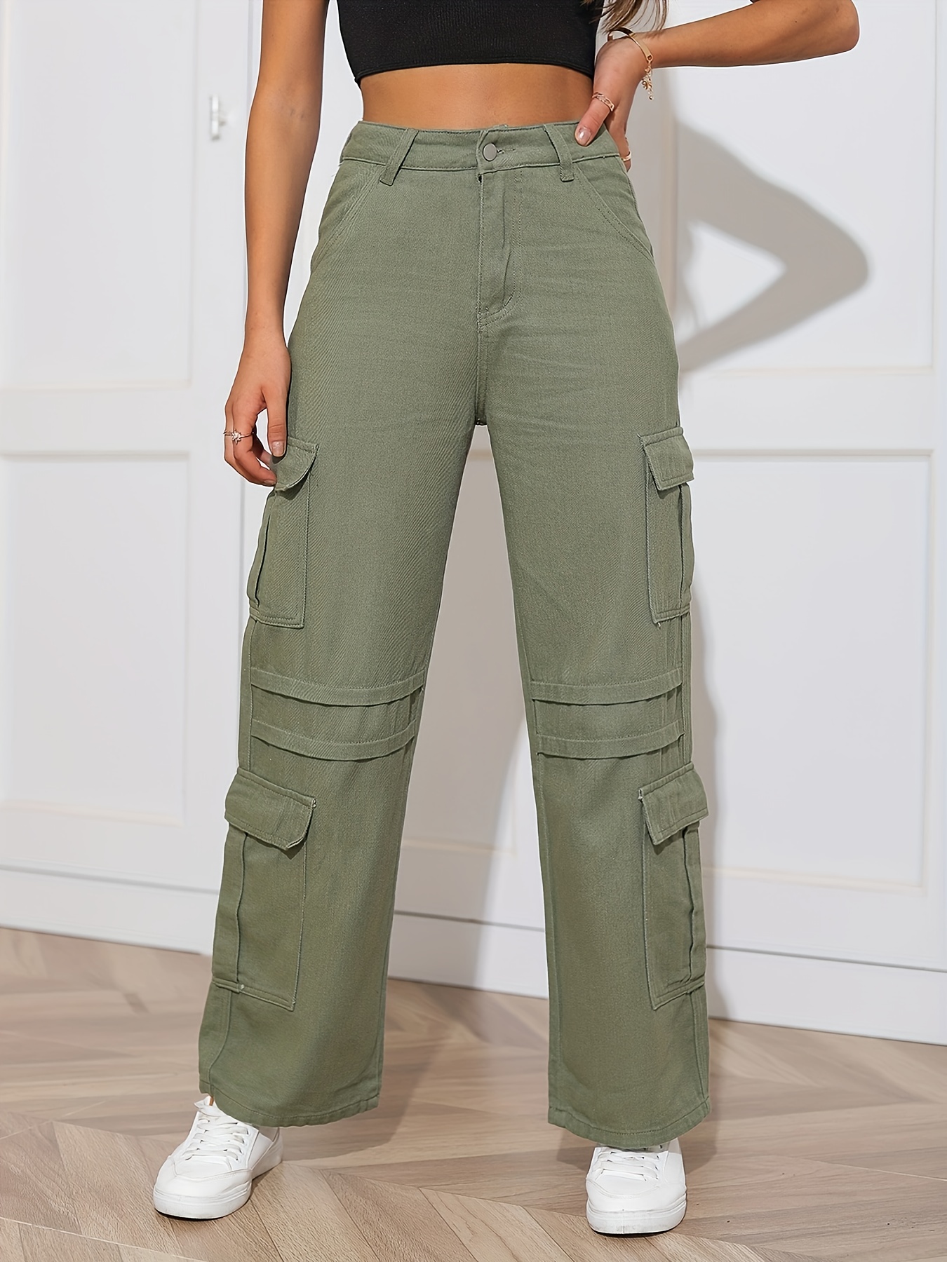 Plain Army Green Side Flap Pockets Cargo Jeans High - Temu