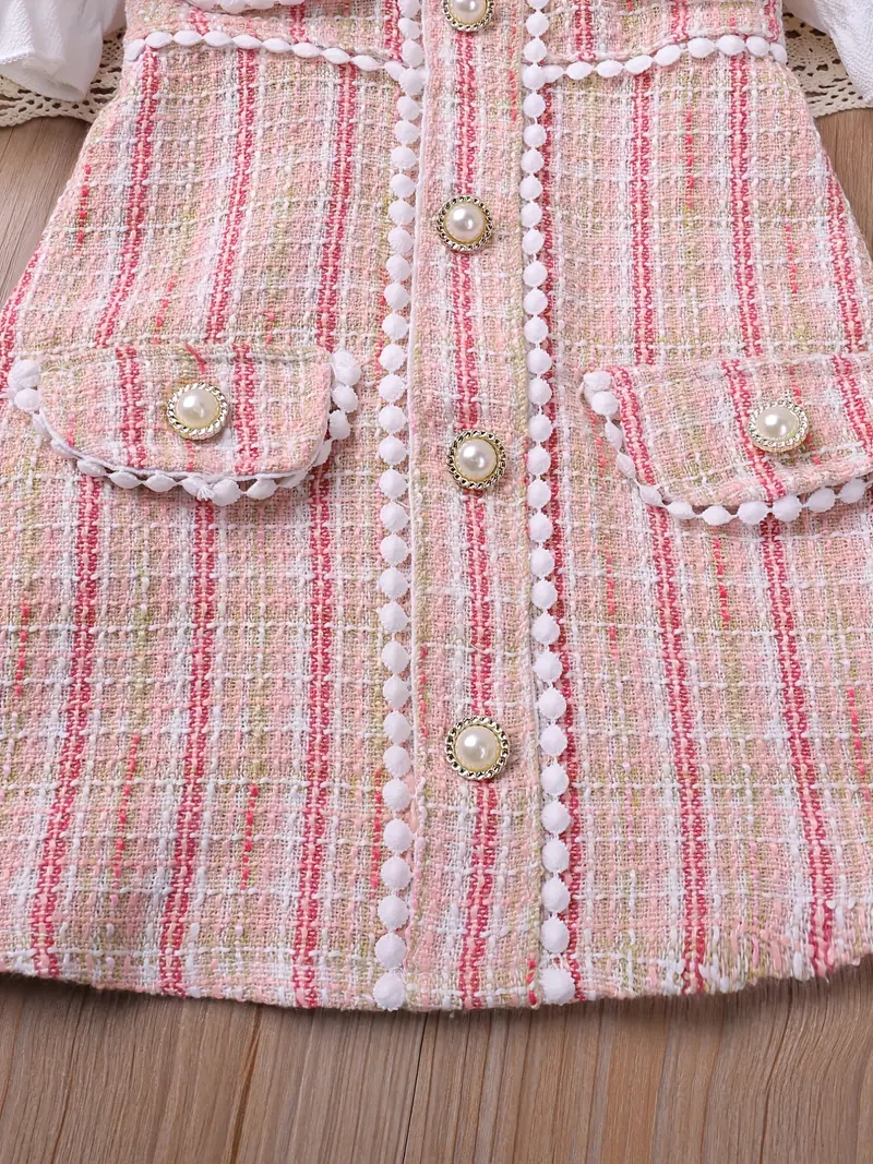 girls elegant pearl button plaid patchwork princess dress for party beach vacation kids summer clothes details 9