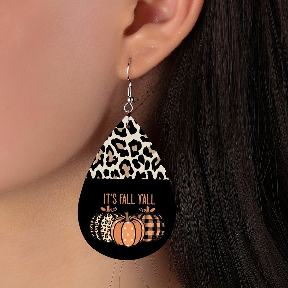 1pair Halloween Leopard Print Mixed Color Water Drop Shape Pu Leather  Dangle Earrings Suitable For Women To Wear