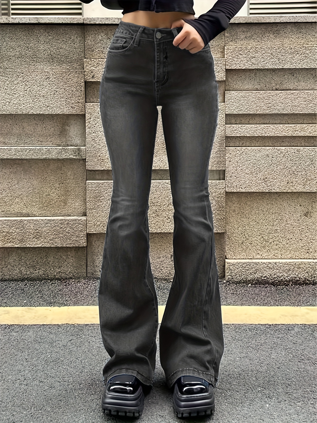 Retro Style Washed Flare Jeans stretch Slant Pockets - Temu New Zealand