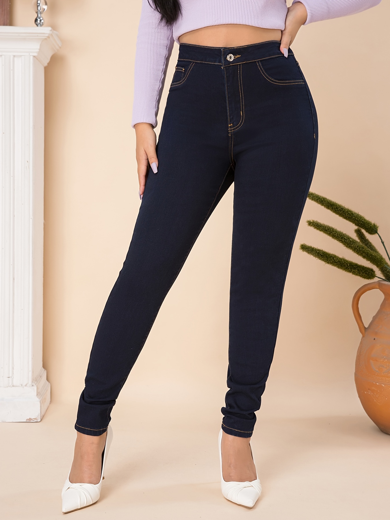 Pantalones Vaqueros Ajustados Para Mujer Jeans Elásticos De Cintura Alta  Casual 