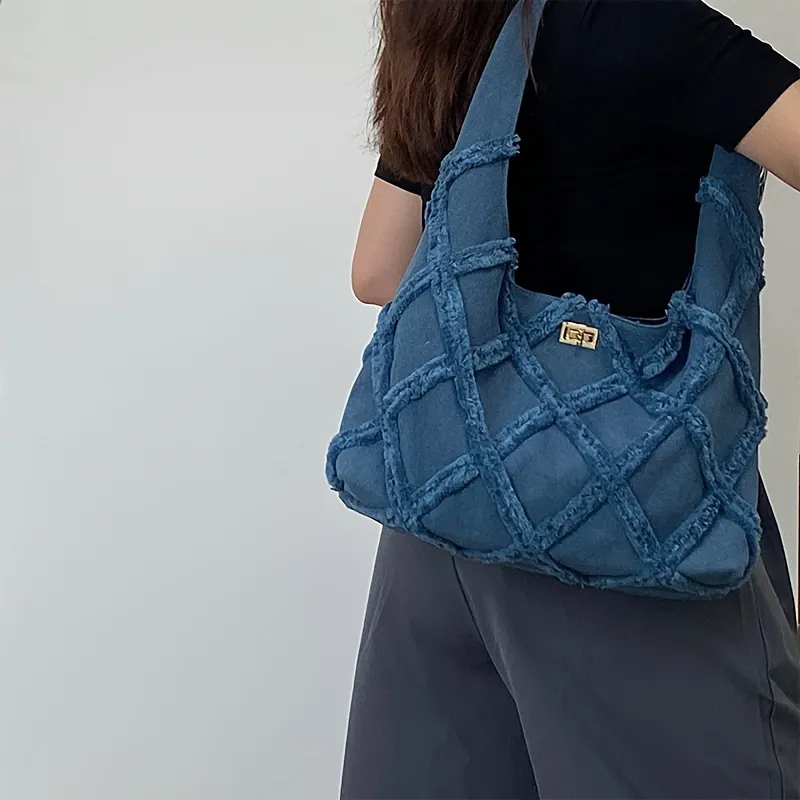 Niche Denim Argyle Pattern Shoulder Bag Trendy Baguette Bag
