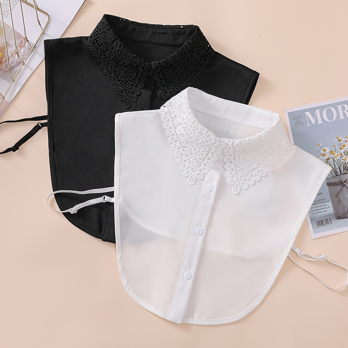

Elegant Monochrome Hollow Fake Collar Women's Stylish Half Shirt Chiffon Dickey Collar Casual Inside False Collar