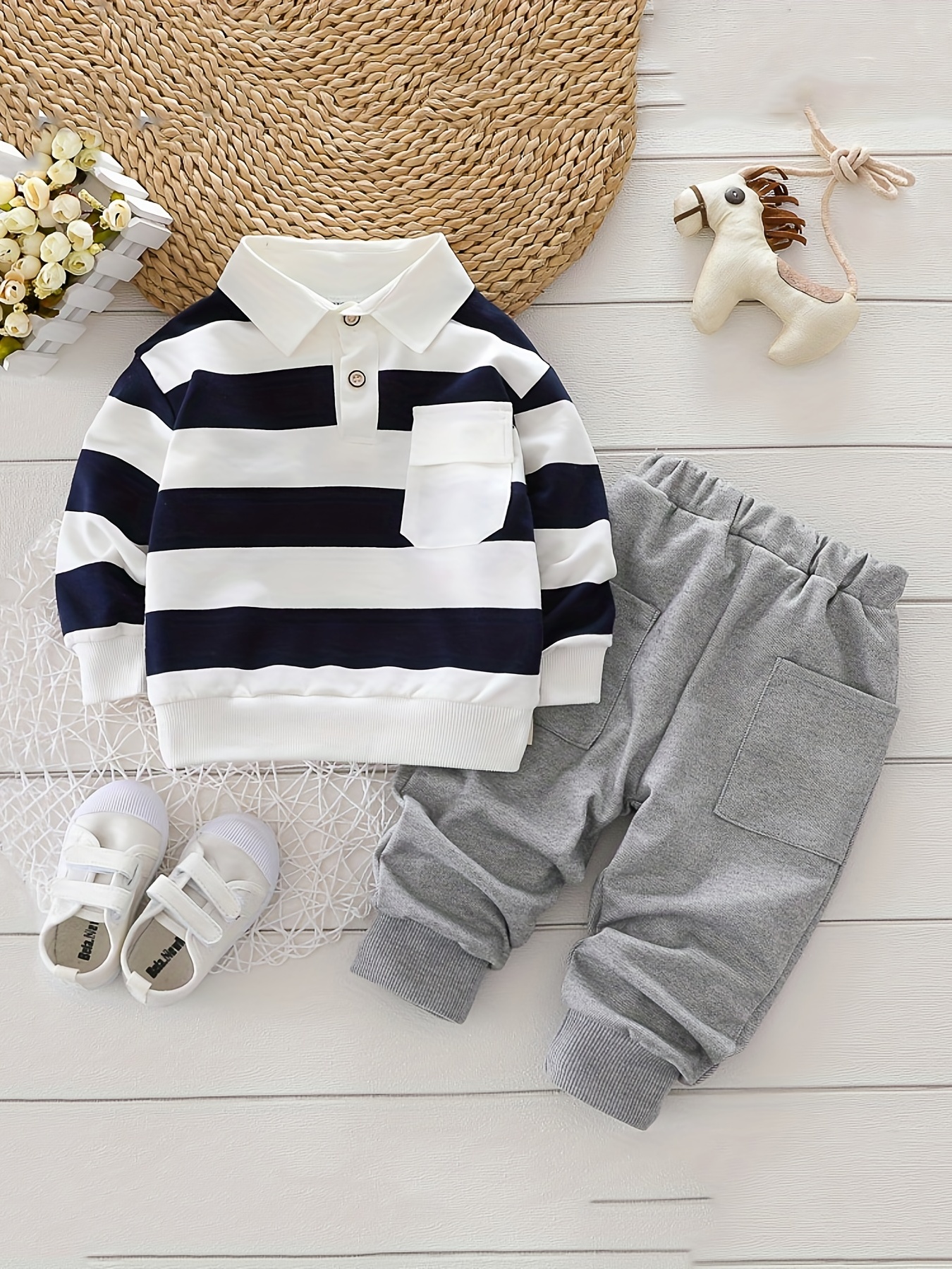 2pcs boys casual outfit stripe pattern sweatshirt sweatpants set preppy style long sleeve top toddler kids clothes for spring fall winter details 3