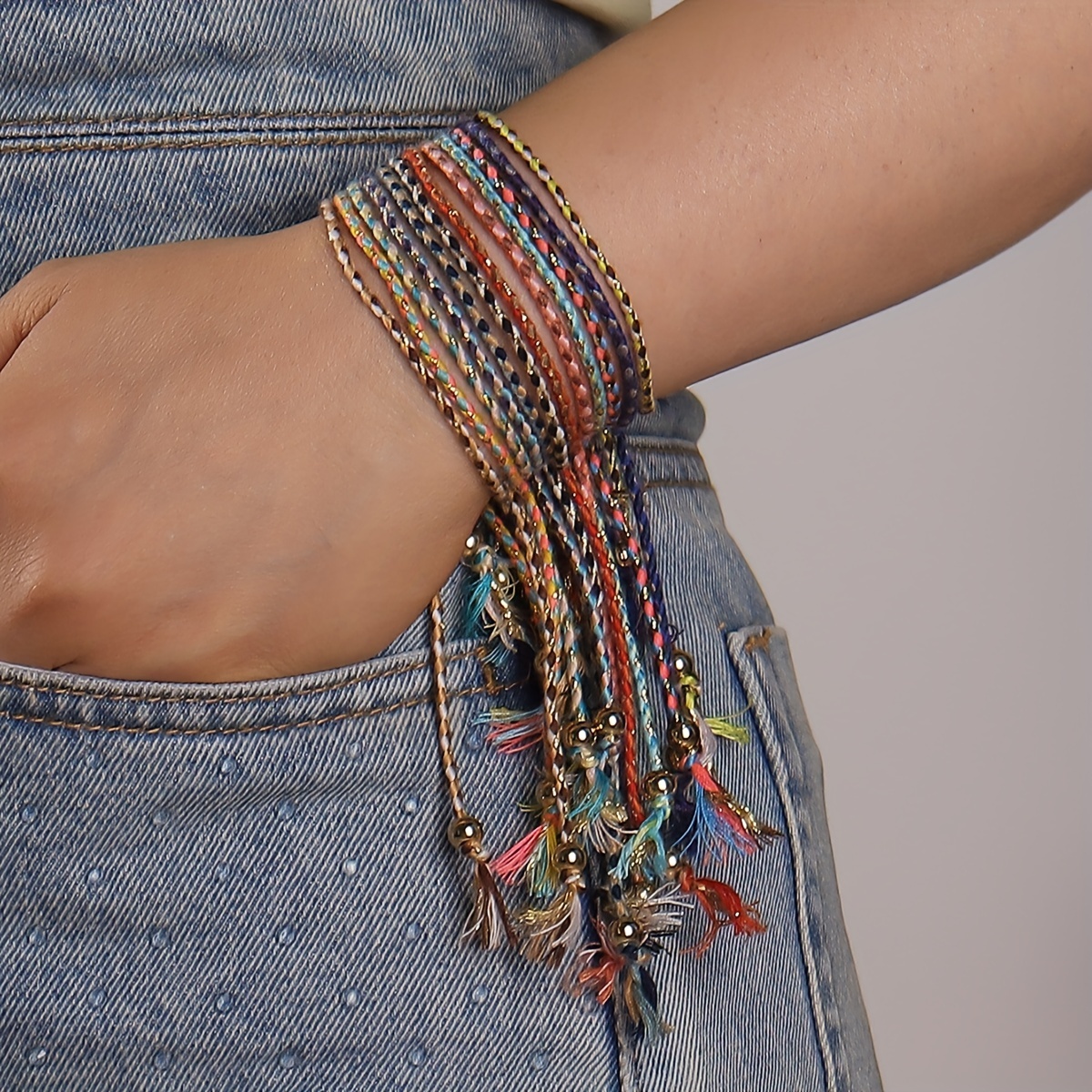 12pcs Colorful Braided Bracelets Set, Adjustable Boho Style