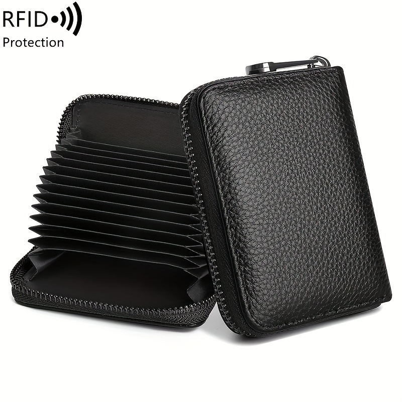 Image of Rfid Credit Card Wallet Vintage Solid Color Multi-card Slot Card Holder With Zipper Minimalist Clutch Coin Purse