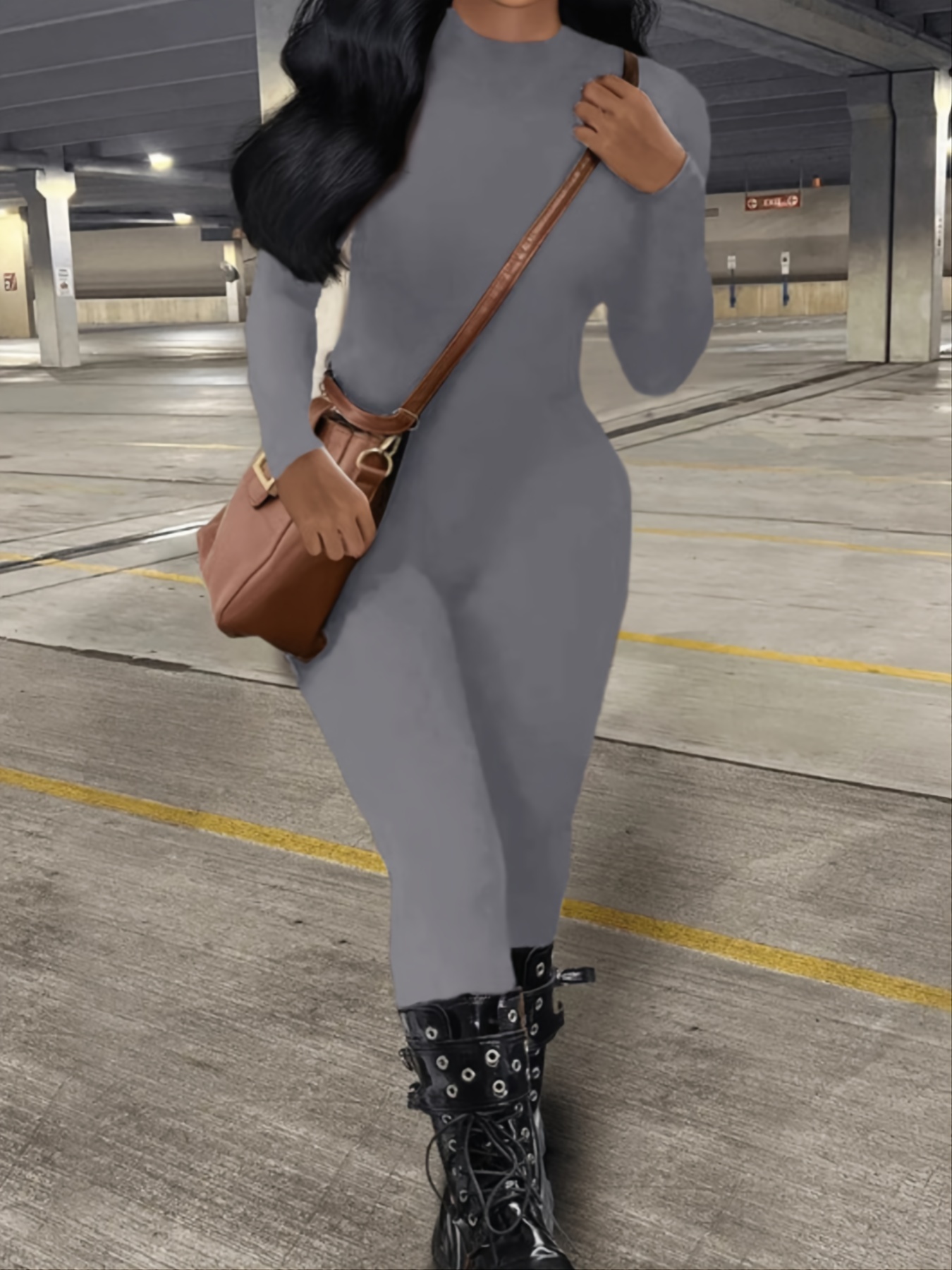 Skinny Crew Neck Jumpsuit Long Sleeve Suit For Spring & Fall